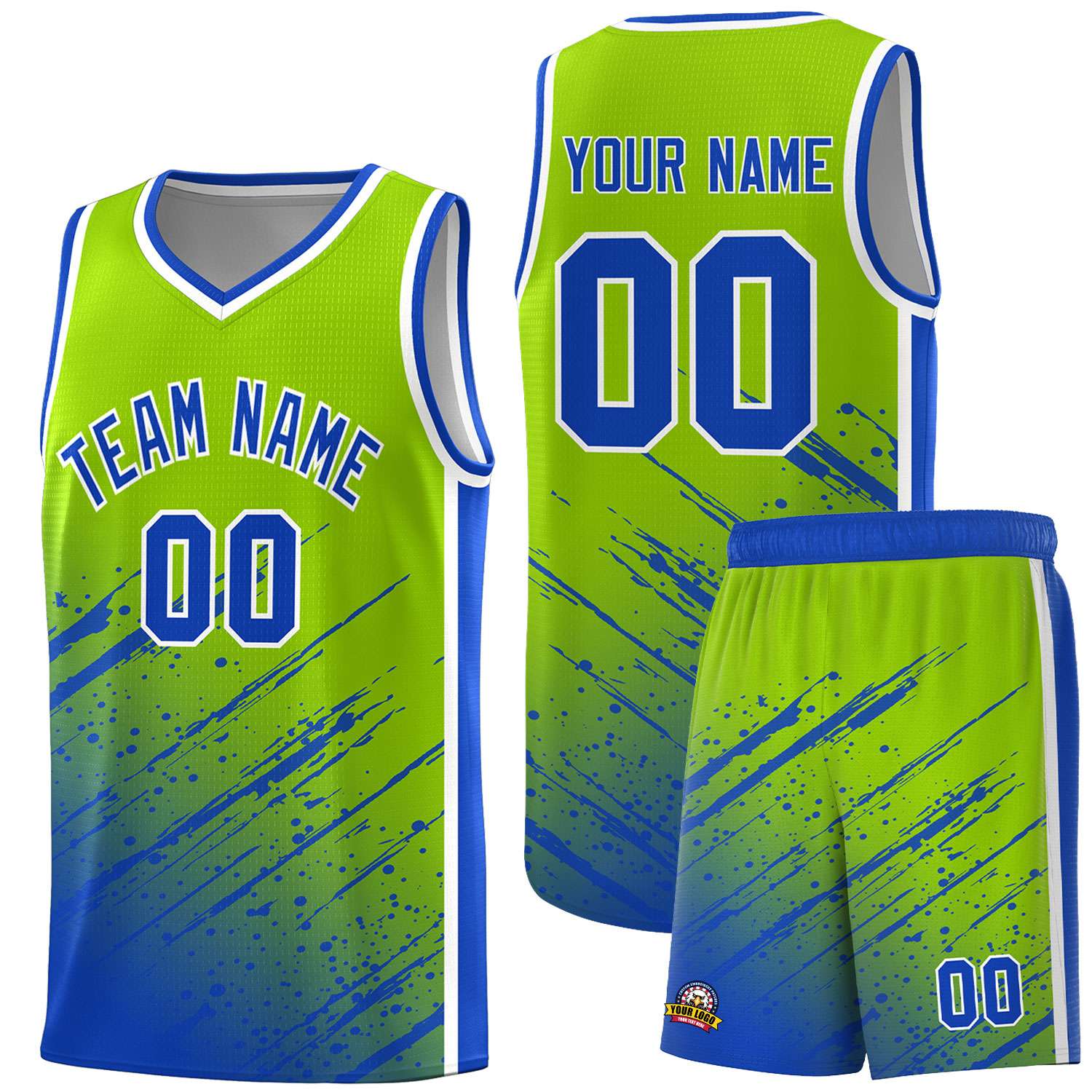 Custom Neon Green Basketball Kits With Royal Paint Graffiti