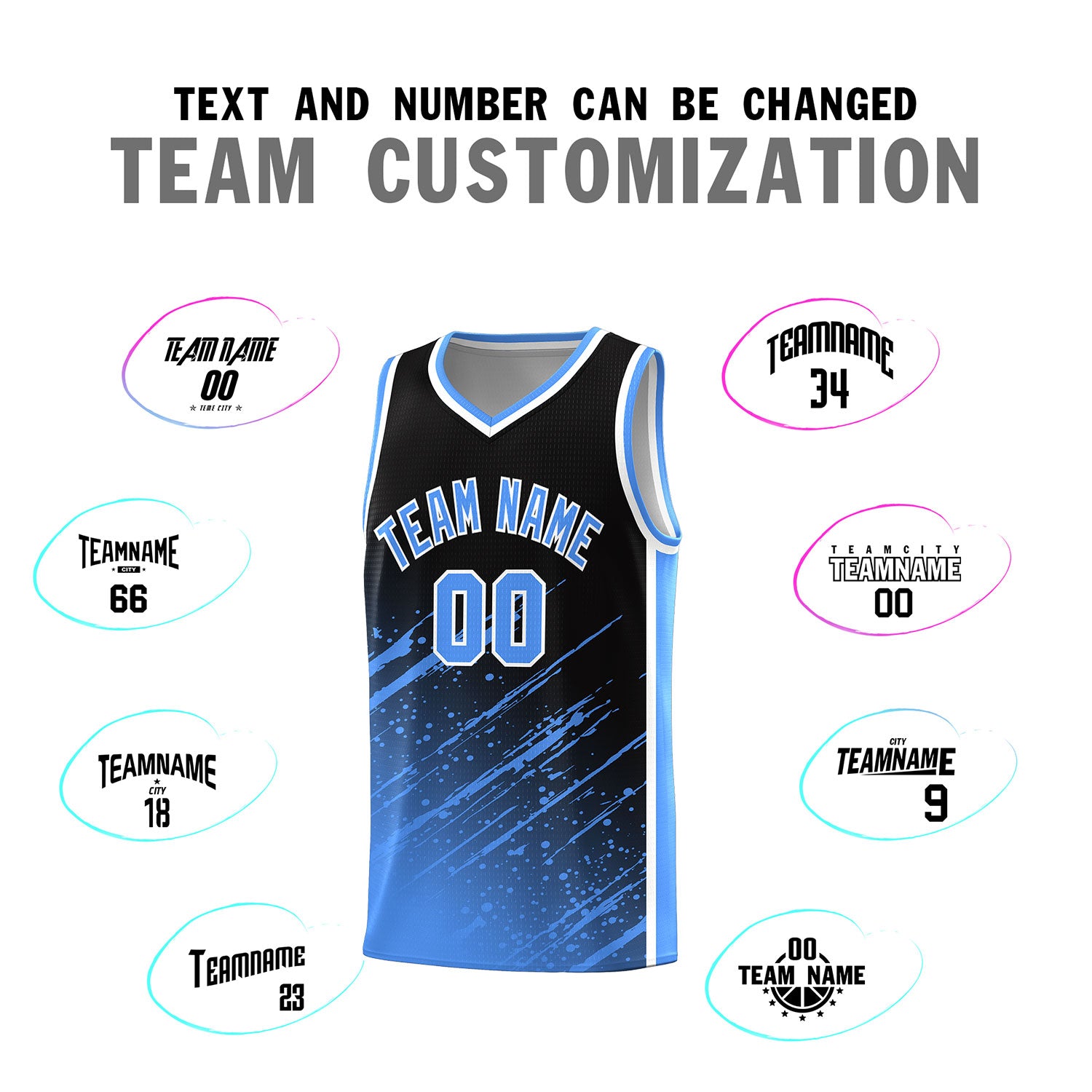 Custom Black Basketball Kits With Powder Blue Paint Graffiti