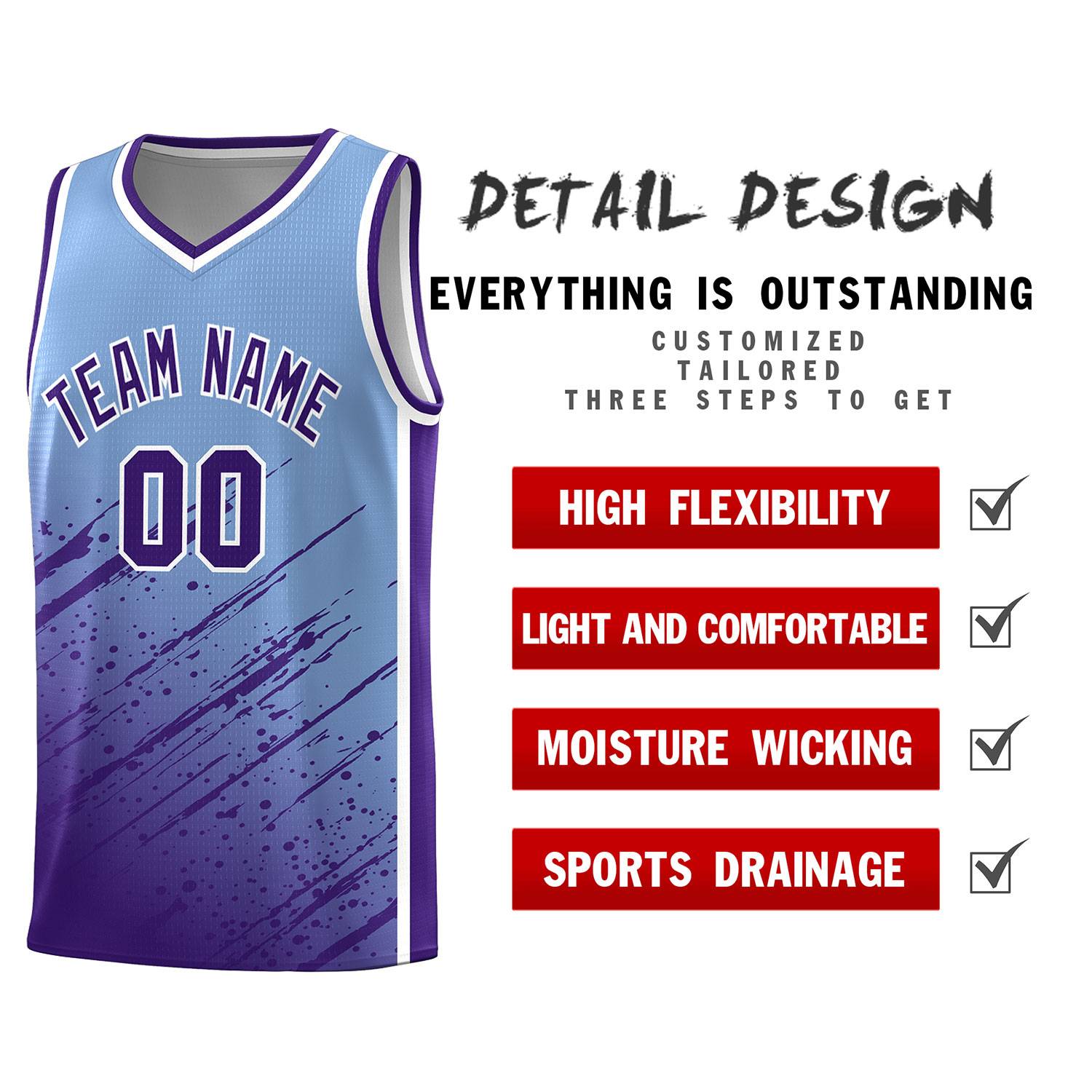 Custom Light Blue Basketball Kits With Purple Paint Graffiti