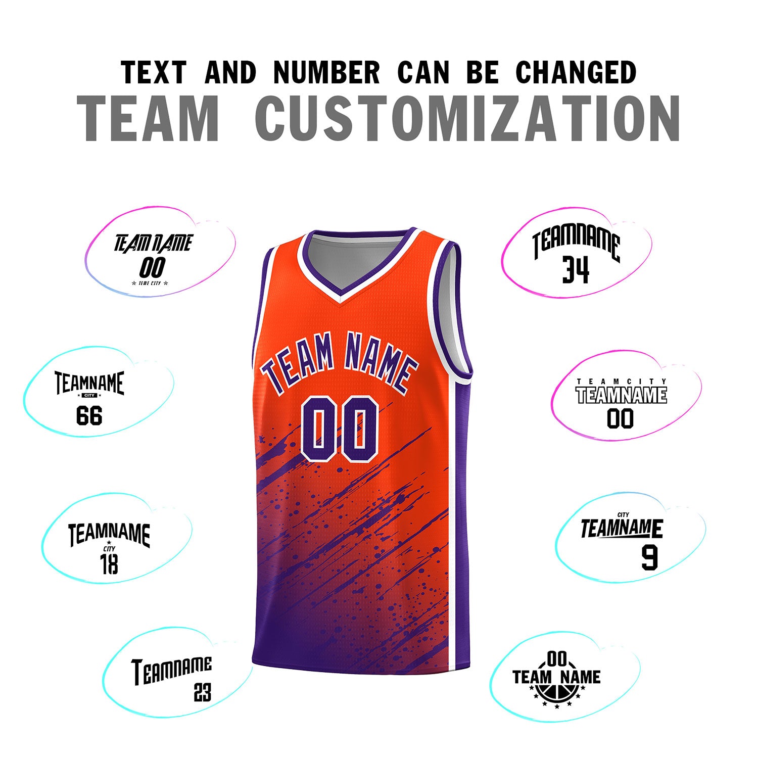 Custom Orange Basketball Kits With Purple Paint Graffiti