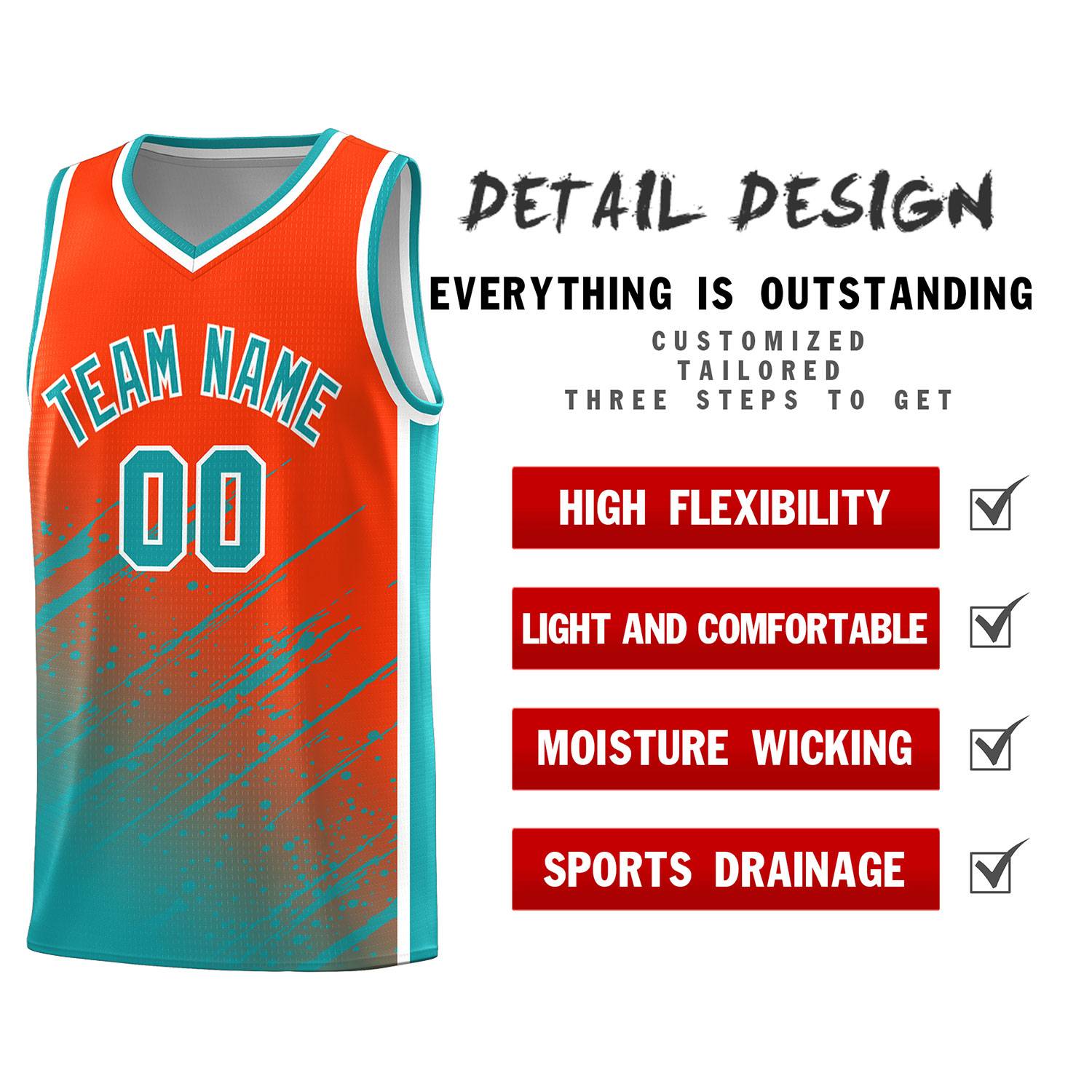 Custom Orange Basketball Kits With Aqua Paint Graffiti
