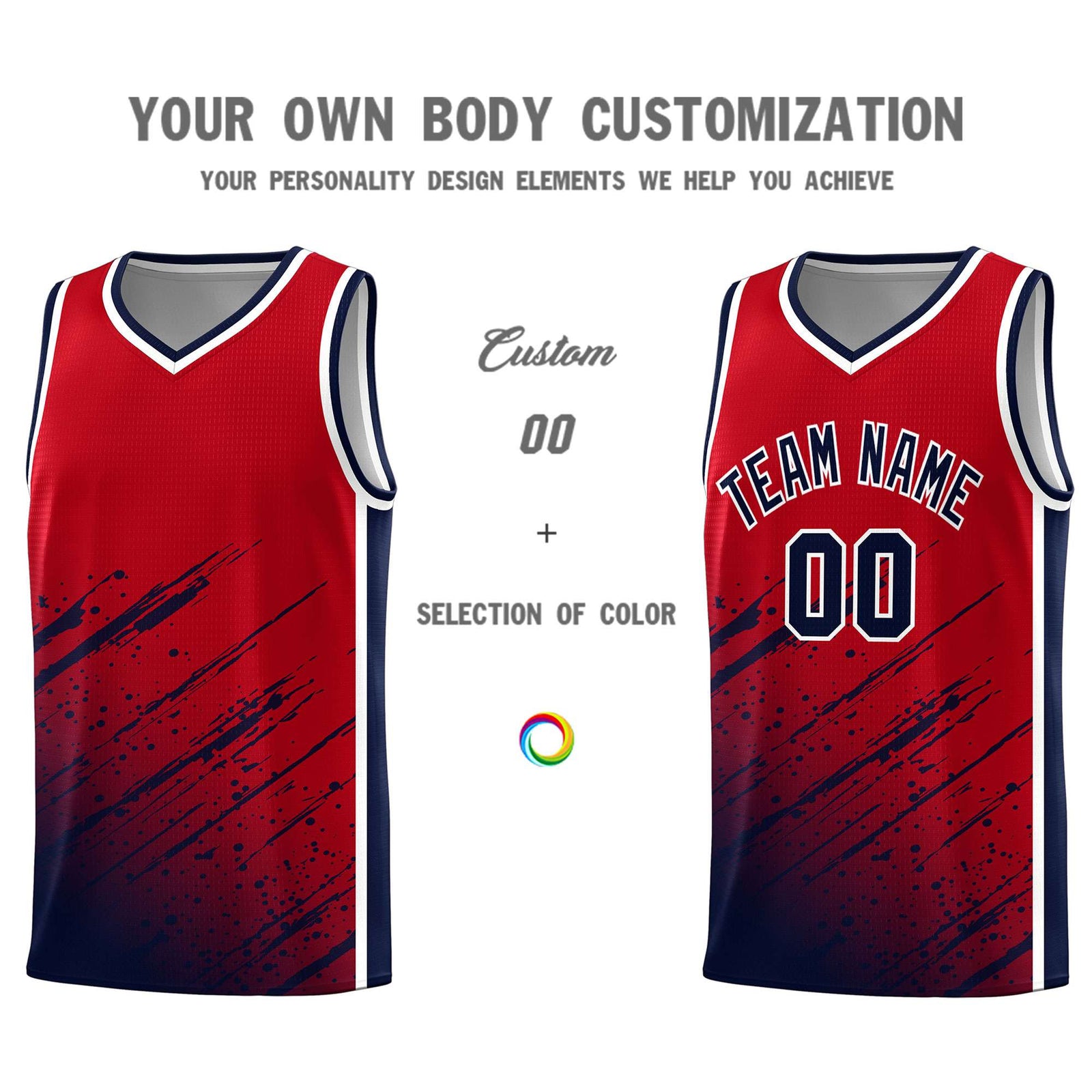 Custom Red Basketball Kits With Navy Paint Graffiti