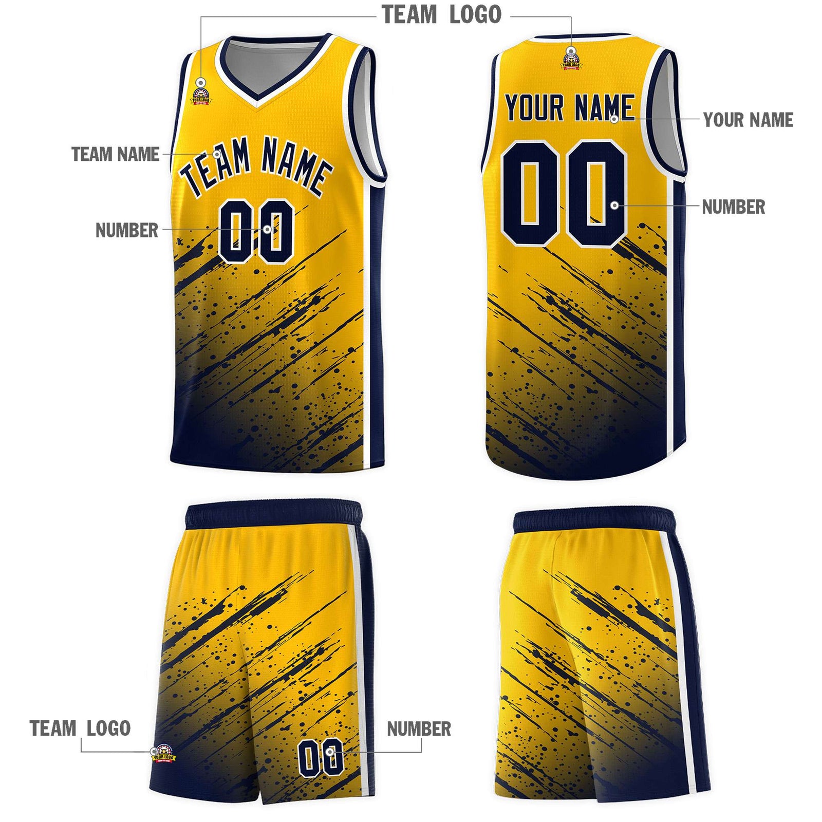 Custom Yellow Basketball Kits With Navy Paint Graffiti