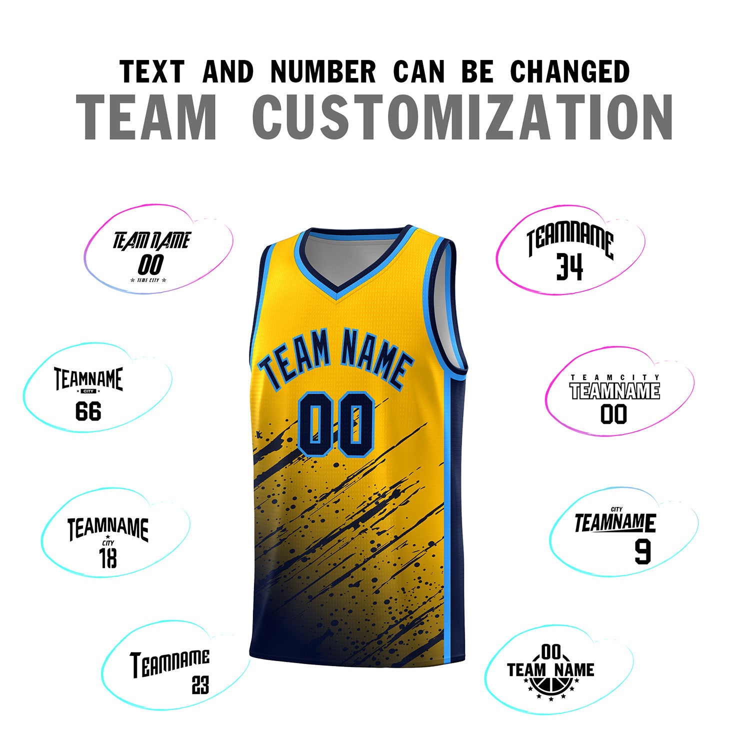 Custom Yellow Basketball Kits With Navy Paint Graffiti