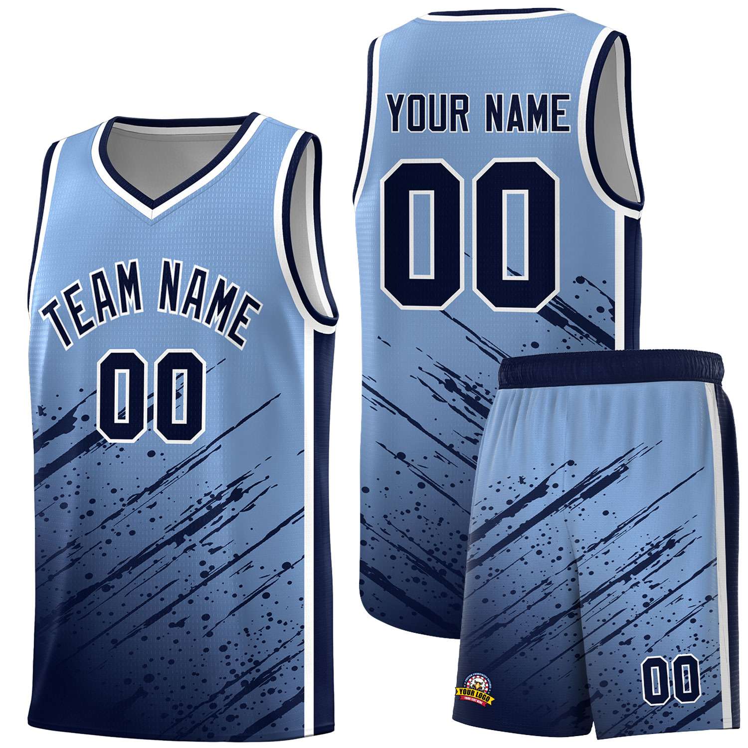 Custom Light Blue Basketball Kits With Navy Paint Graffiti