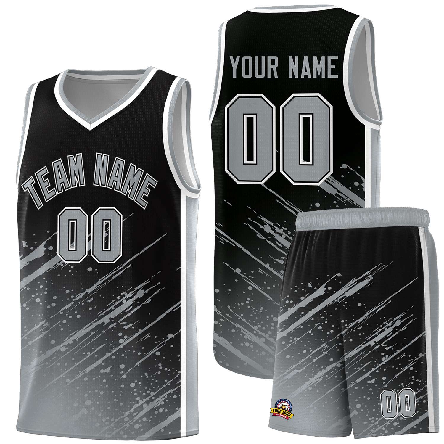 Custom Black Basketball Kits With Gray Paint Graffiti