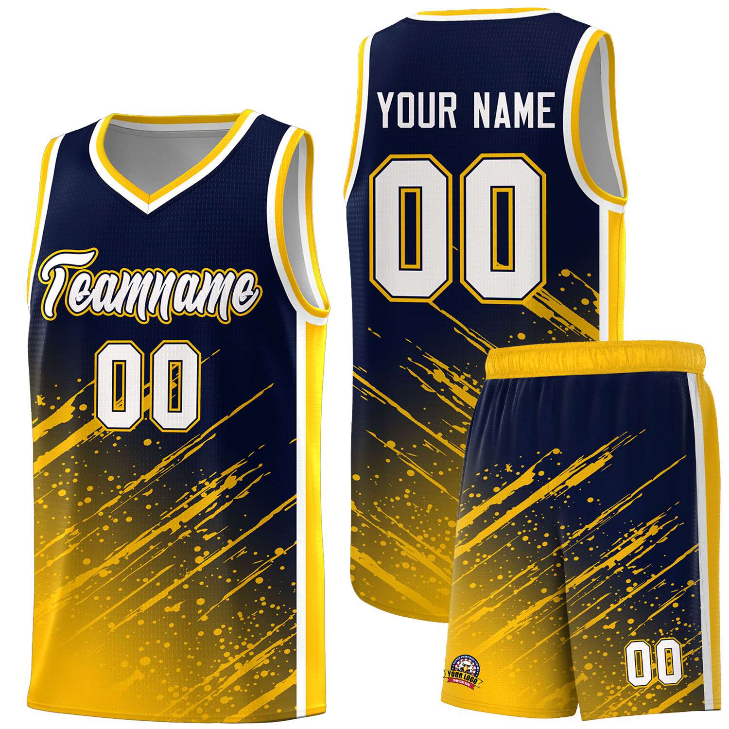 Custom Navy Basketball Kits With Yellow Paint Graffiti