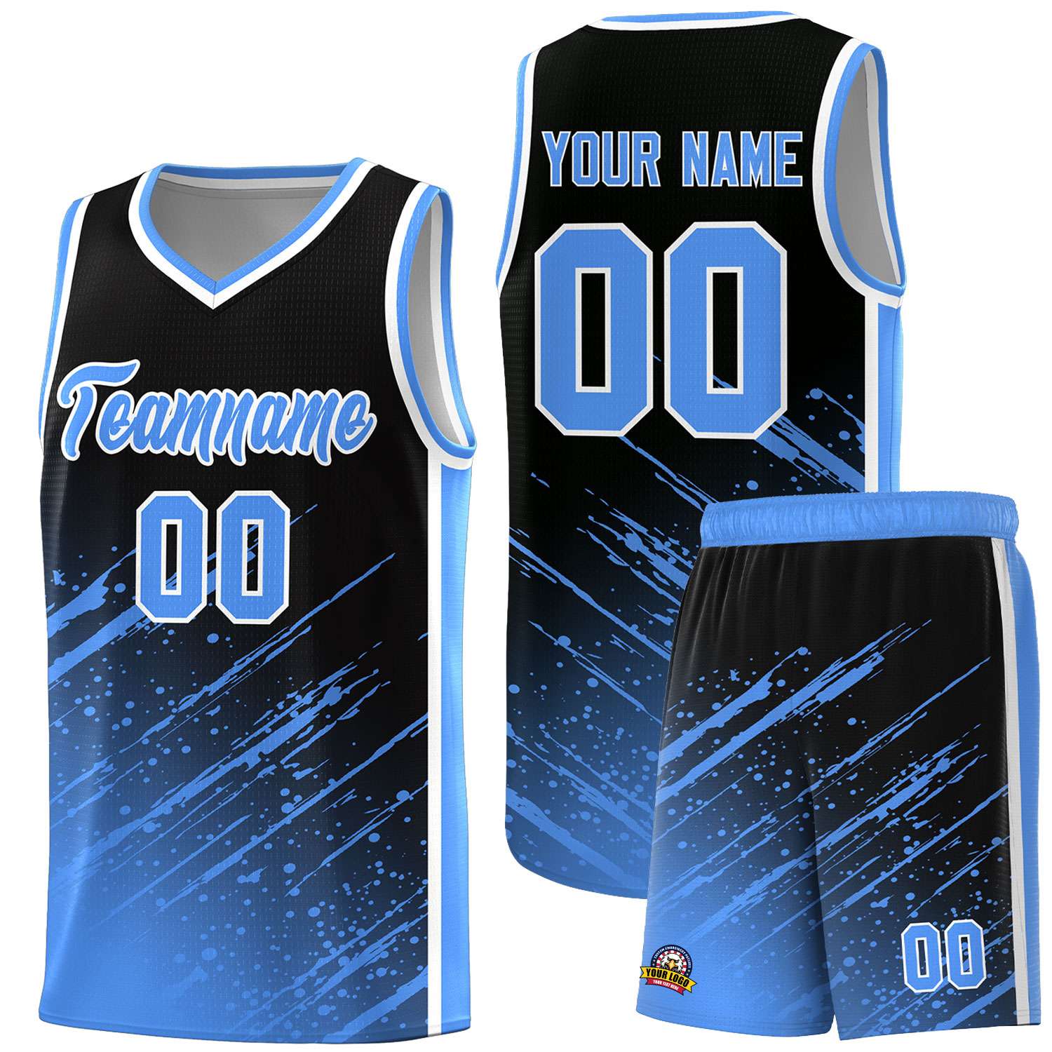 Custom Black Basketball Kits With Powder Blue Paint Graffiti