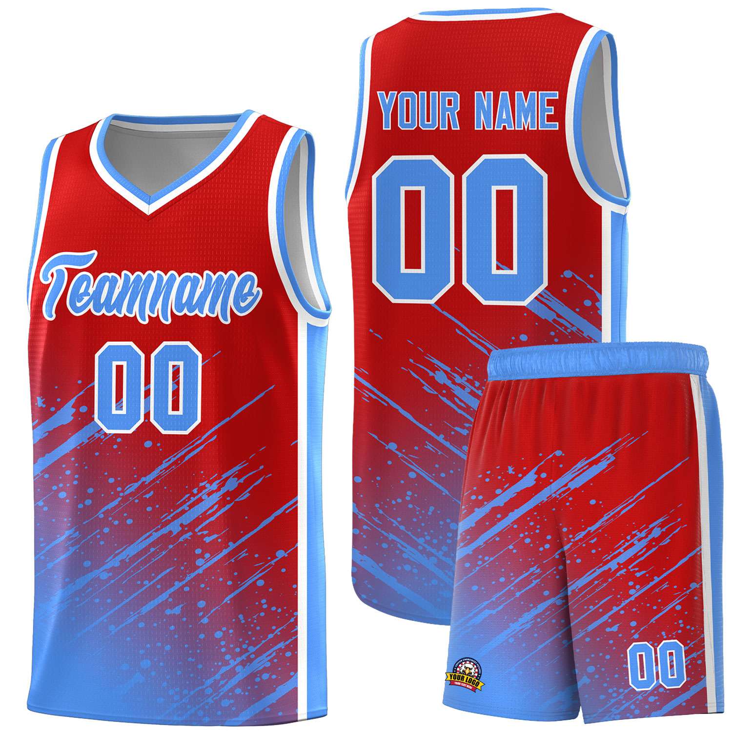 Custom Red Basketball Kits With Powder Blue Paint Graffiti