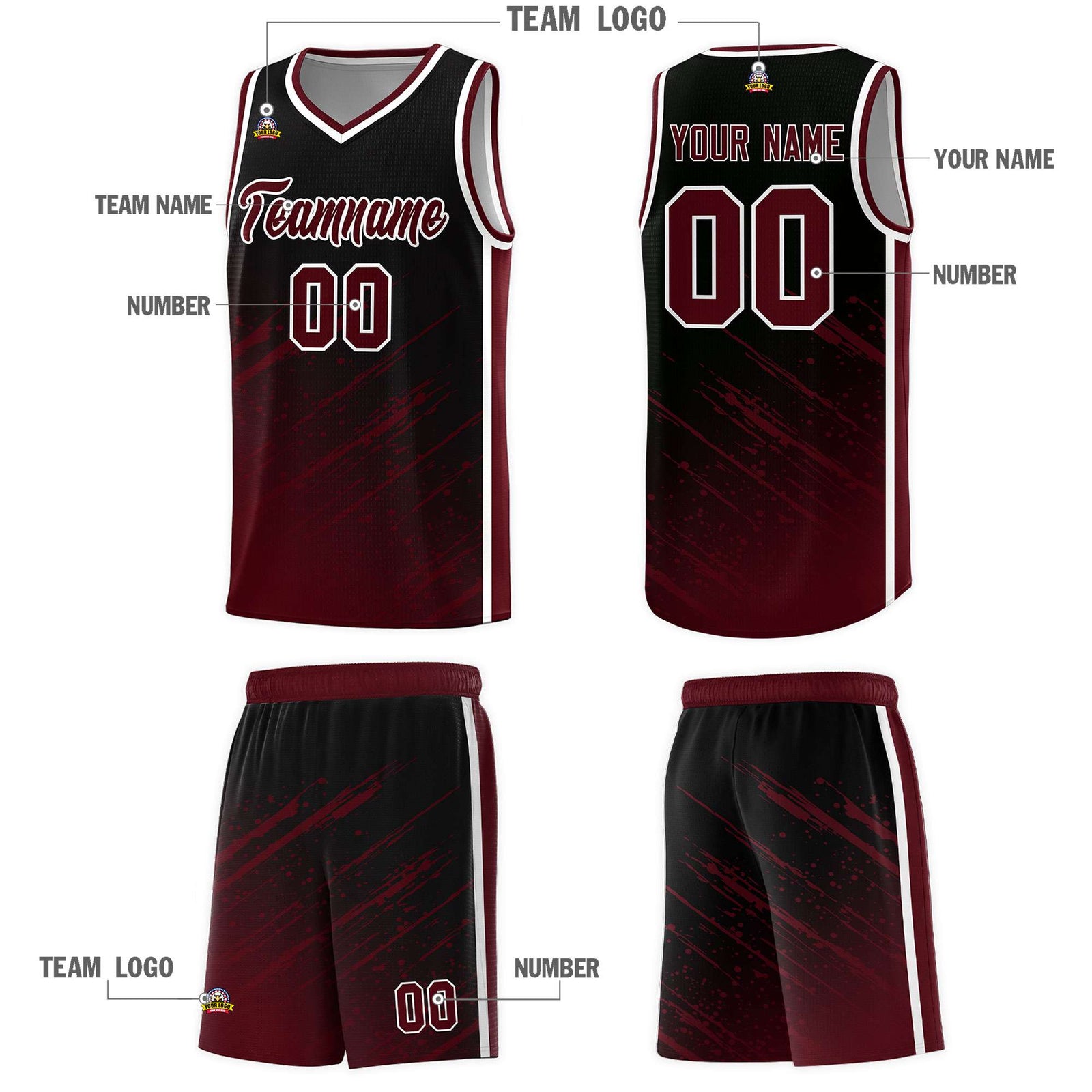 Custom Black Basketball Kits With Crimson Paint Graffiti