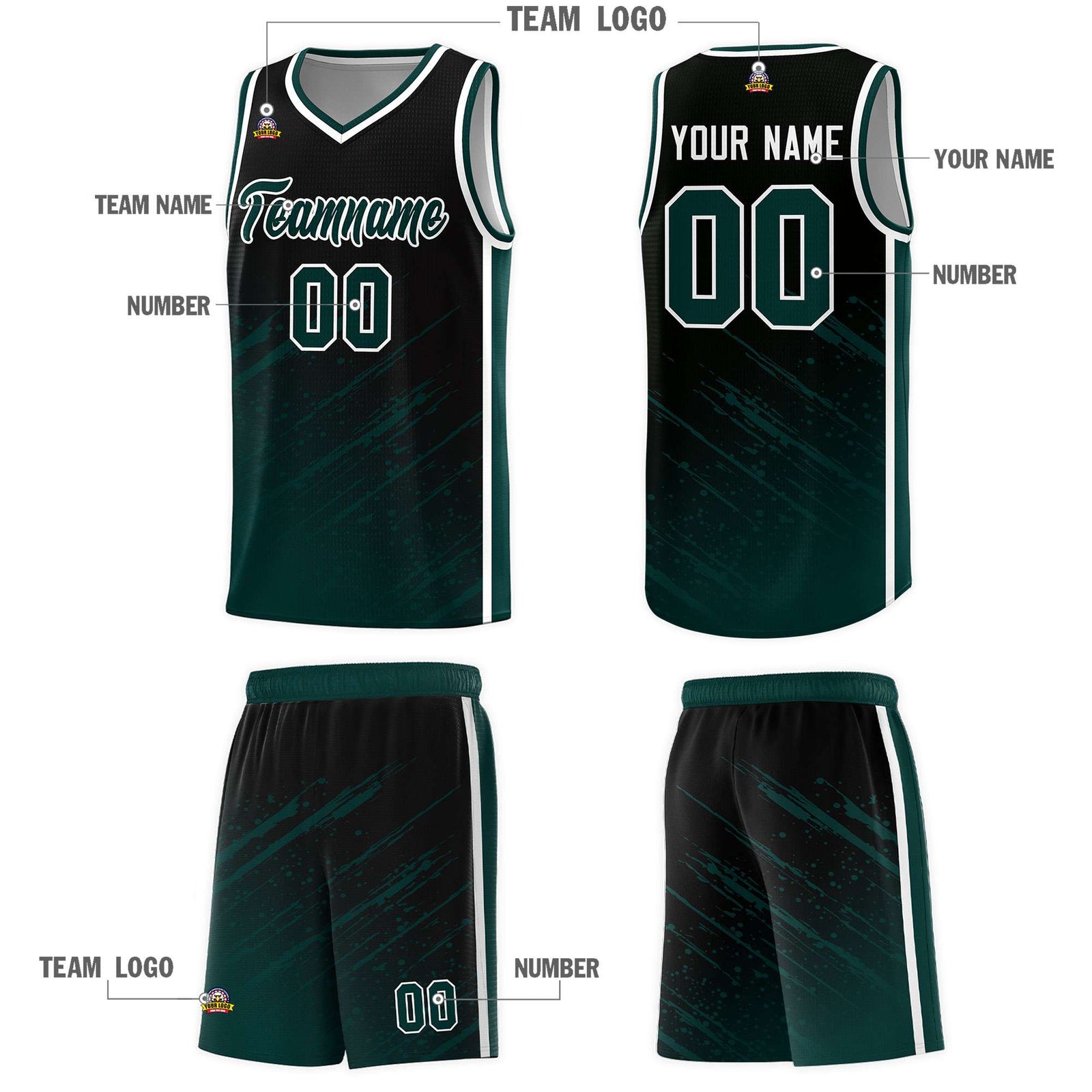 Custom Black Basketball Kits With Midnight Green Paint Graffiti