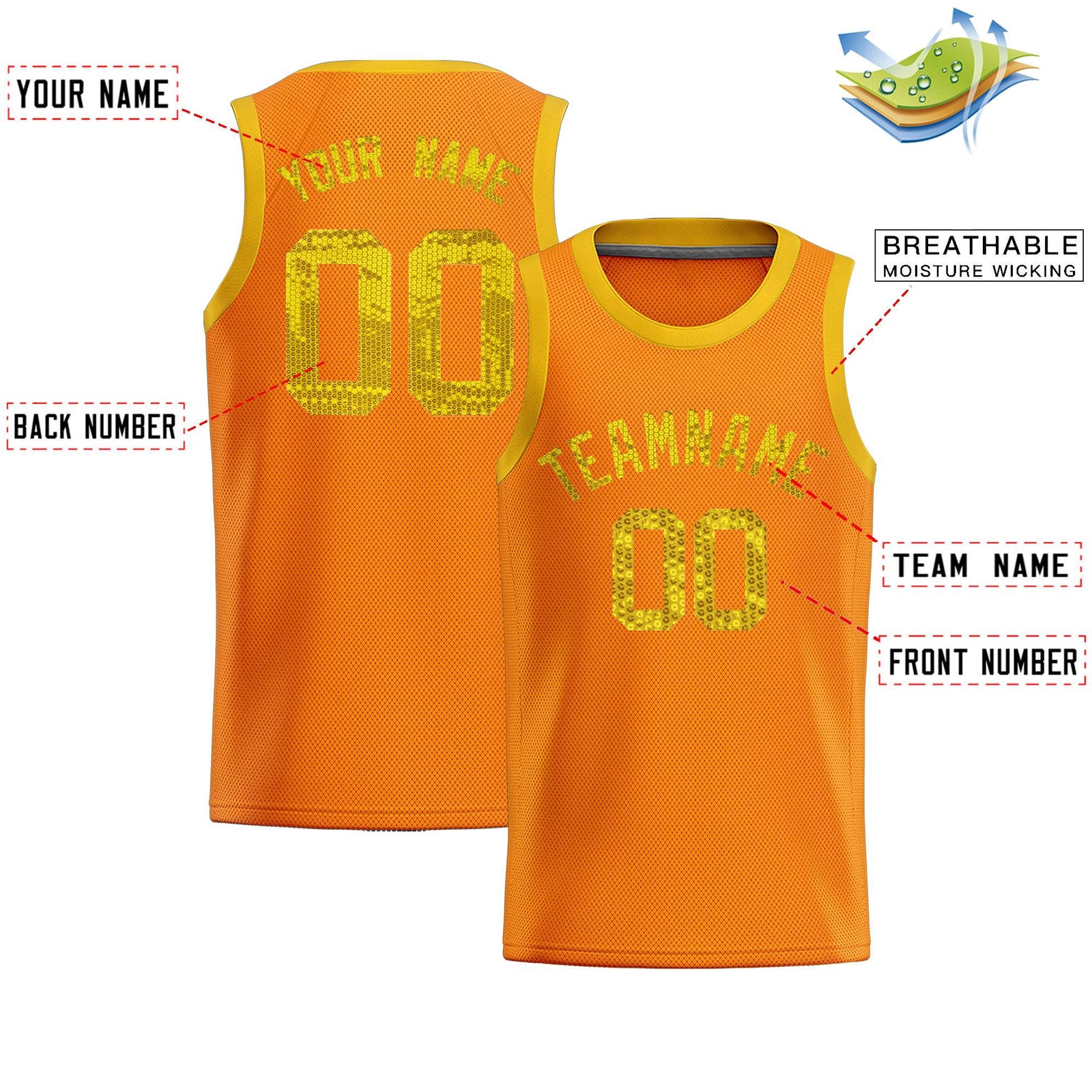 Custom Orange Sequined Tops Athletic Basketball Jersey
