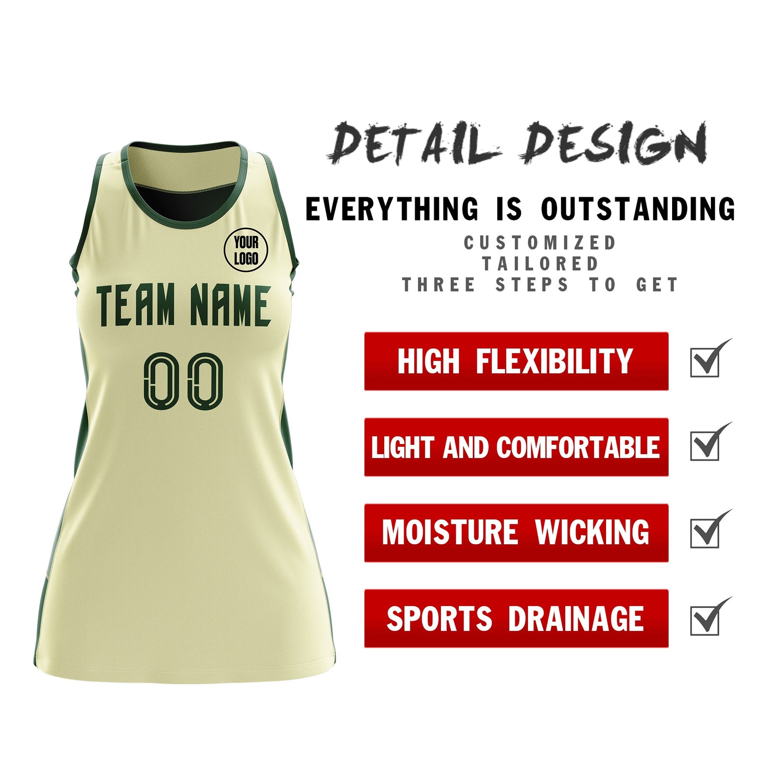Custom Netball Dress | Cream Green Classic Style Two-Tone Breathable Performance Sportswear