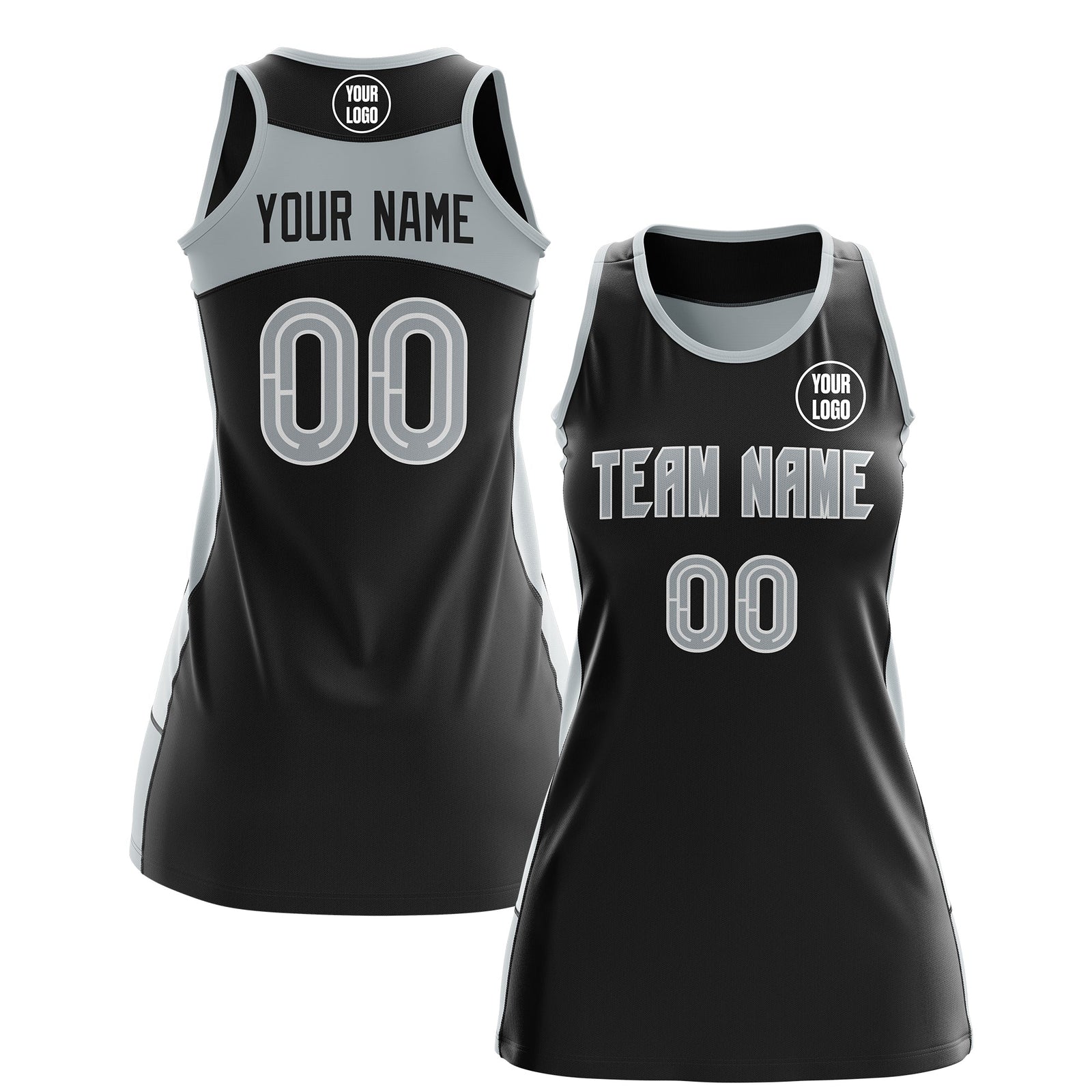 Custom Netball Dress | Black Silver Classic Style Two-Tone Professional Team Uniforms