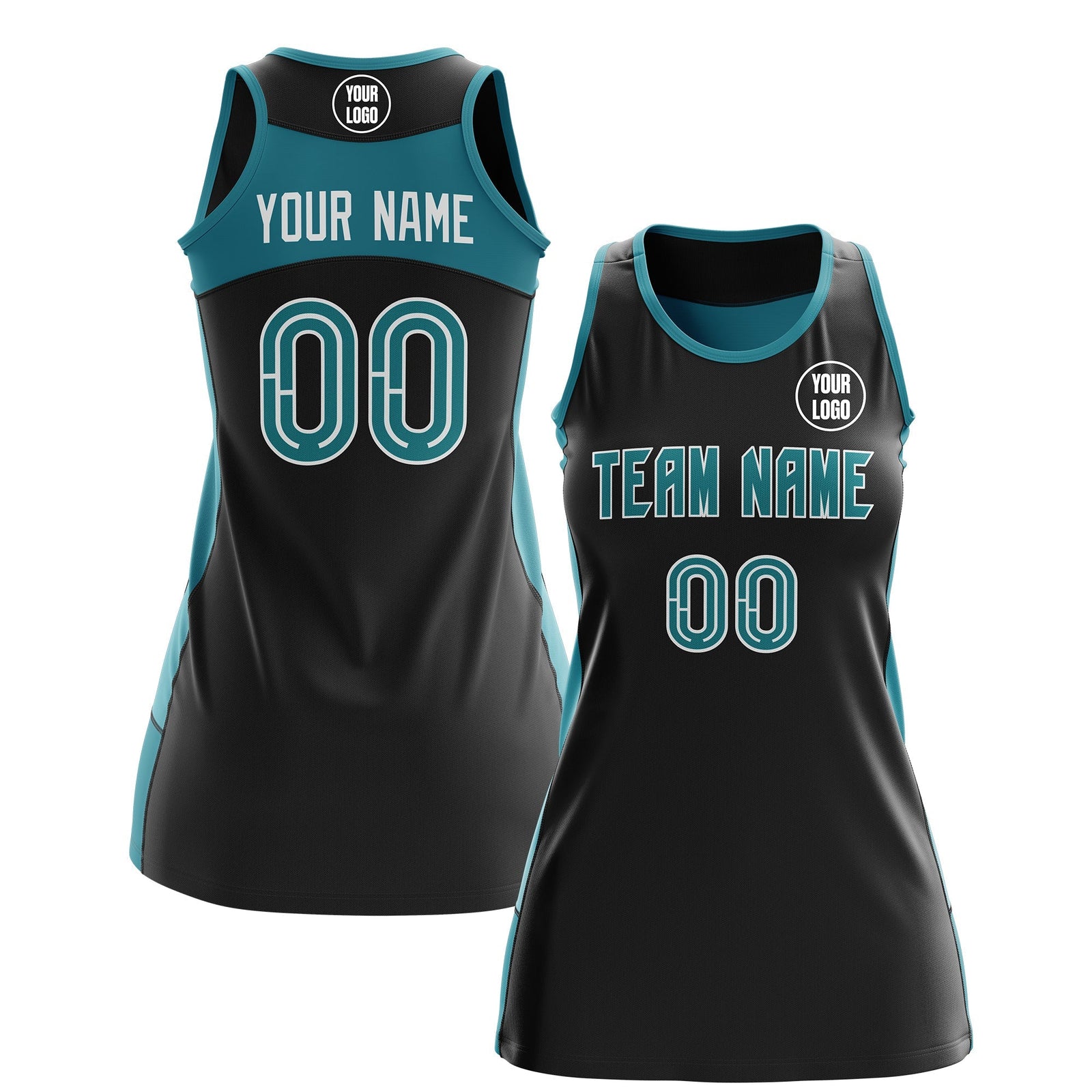Custom Netball Dress | Black Teal Classic Style Two-Tone Professional Team Uniforms