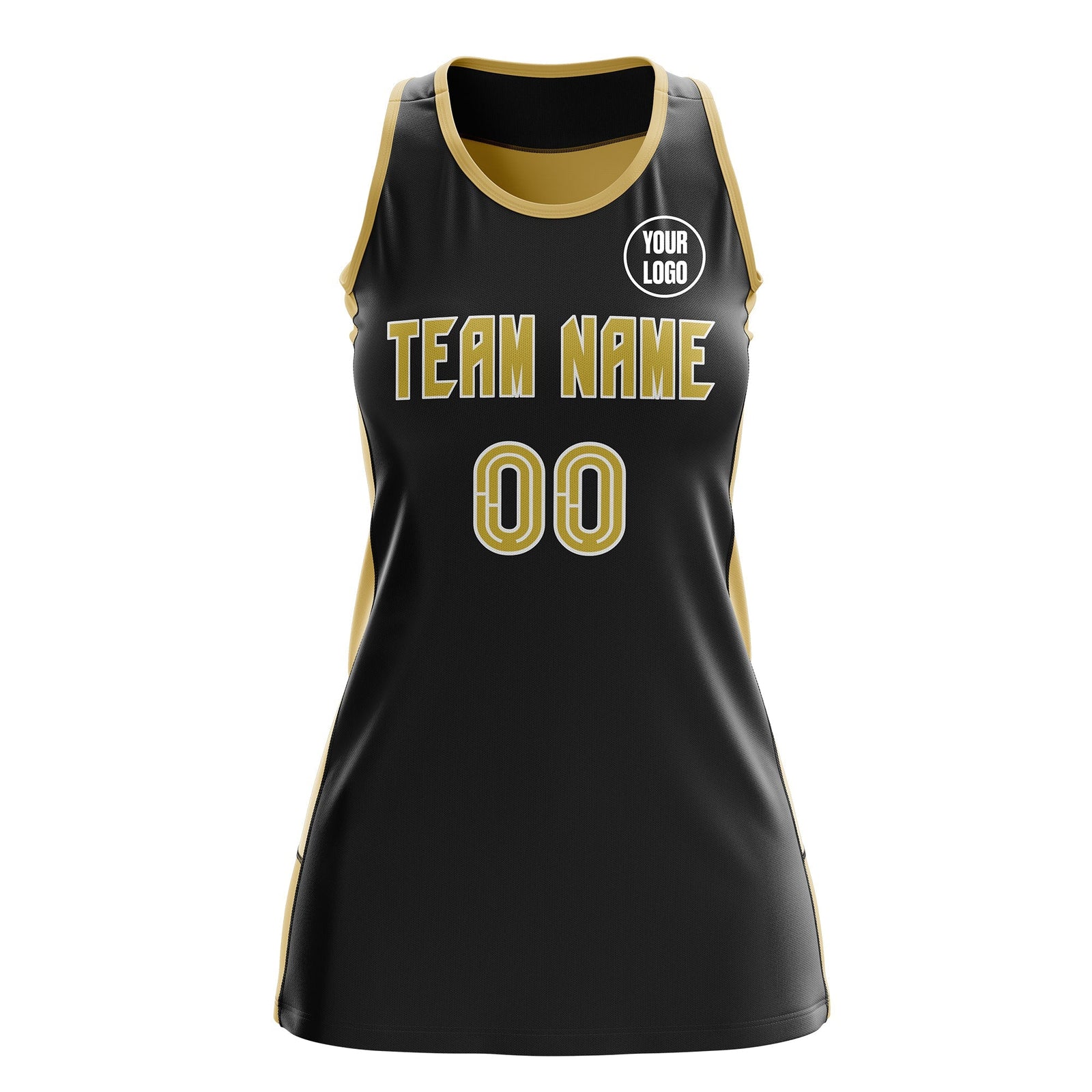 Custom Netball Dress | Black Old Gold Classic Style Two-Tone Professional Team Uniforms
