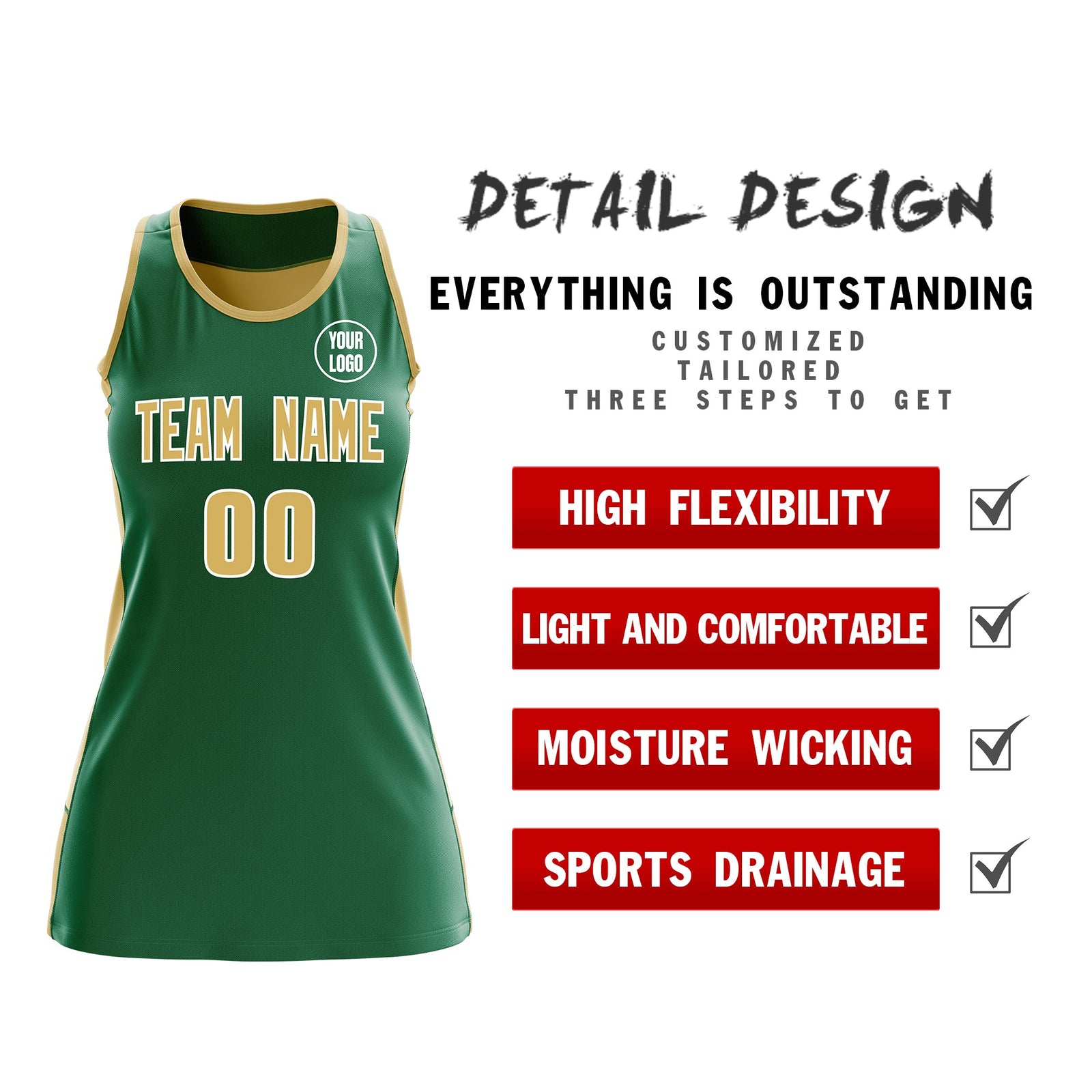 Custom Netball Dress | Kelly Green Old Gold Classic Style Two-Tone Match Day Uniform