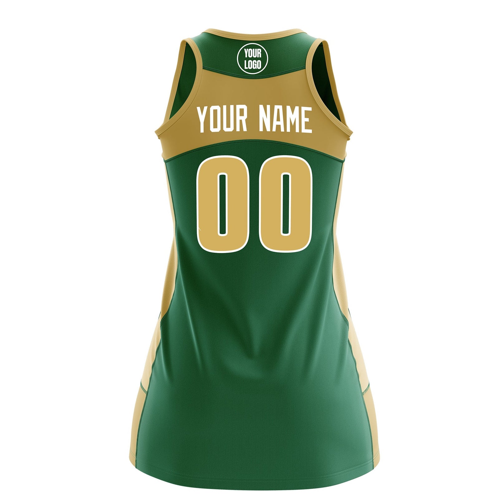 Custom Netball Dress | Kelly Green Old Gold Classic Style Two-Tone Match Day Uniform