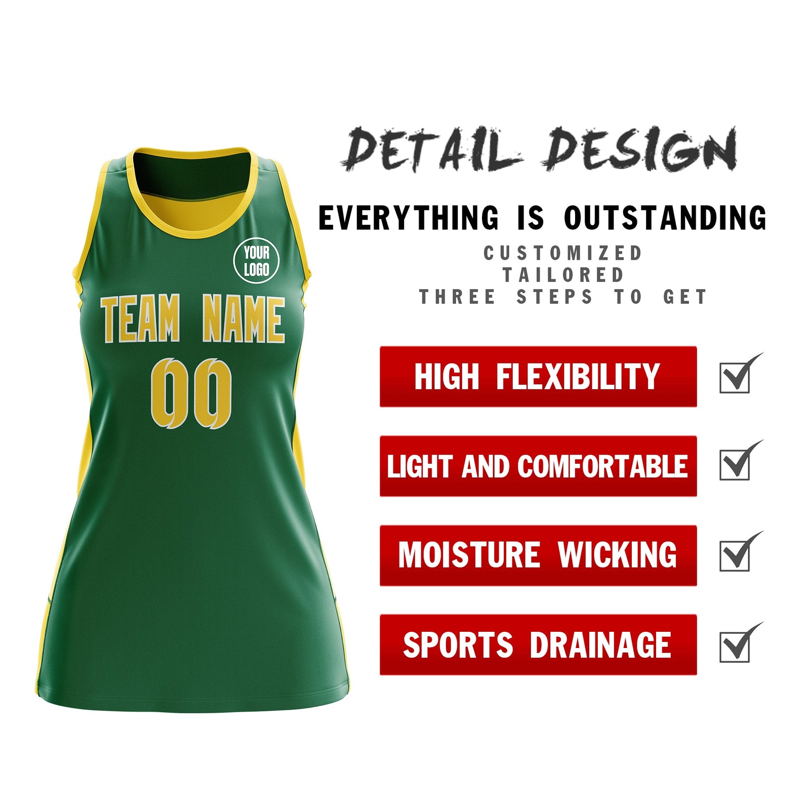 Custom Netball Dress | Kelly Green Gold Classic Style Two-Tone Professional Team Uniforms