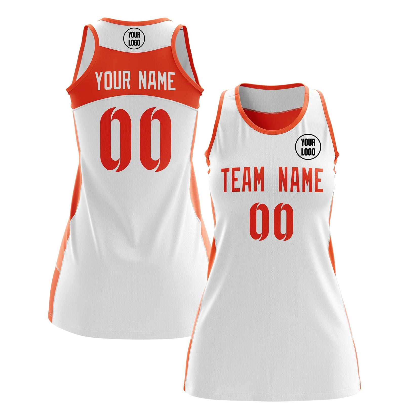Custom Netball Dress | White Orange Classic Style Two-Tone Match Day Uniform