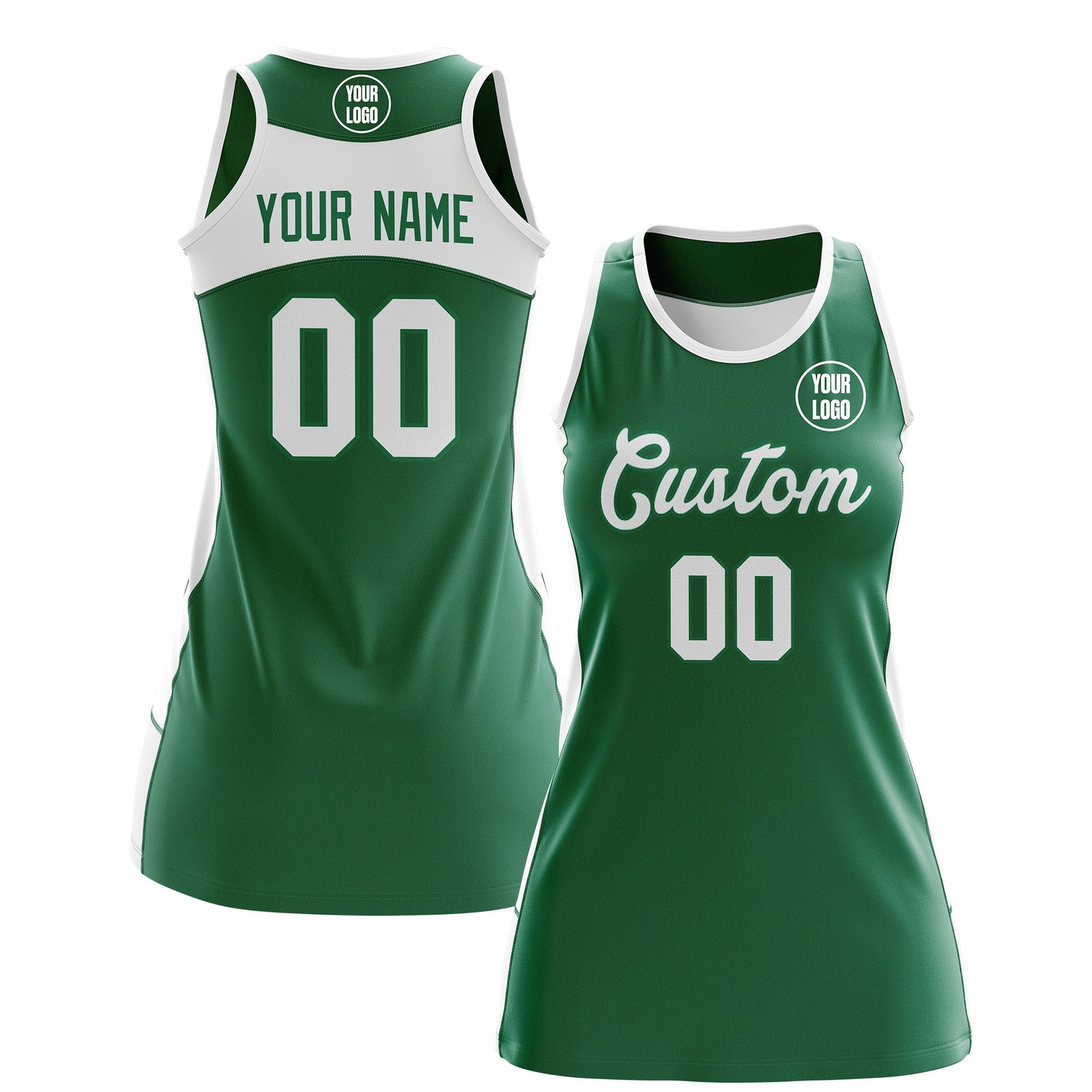 Custom Netball Dress | Kelly Green White Classic Style Two-Tone Breathable Performance Sportswear