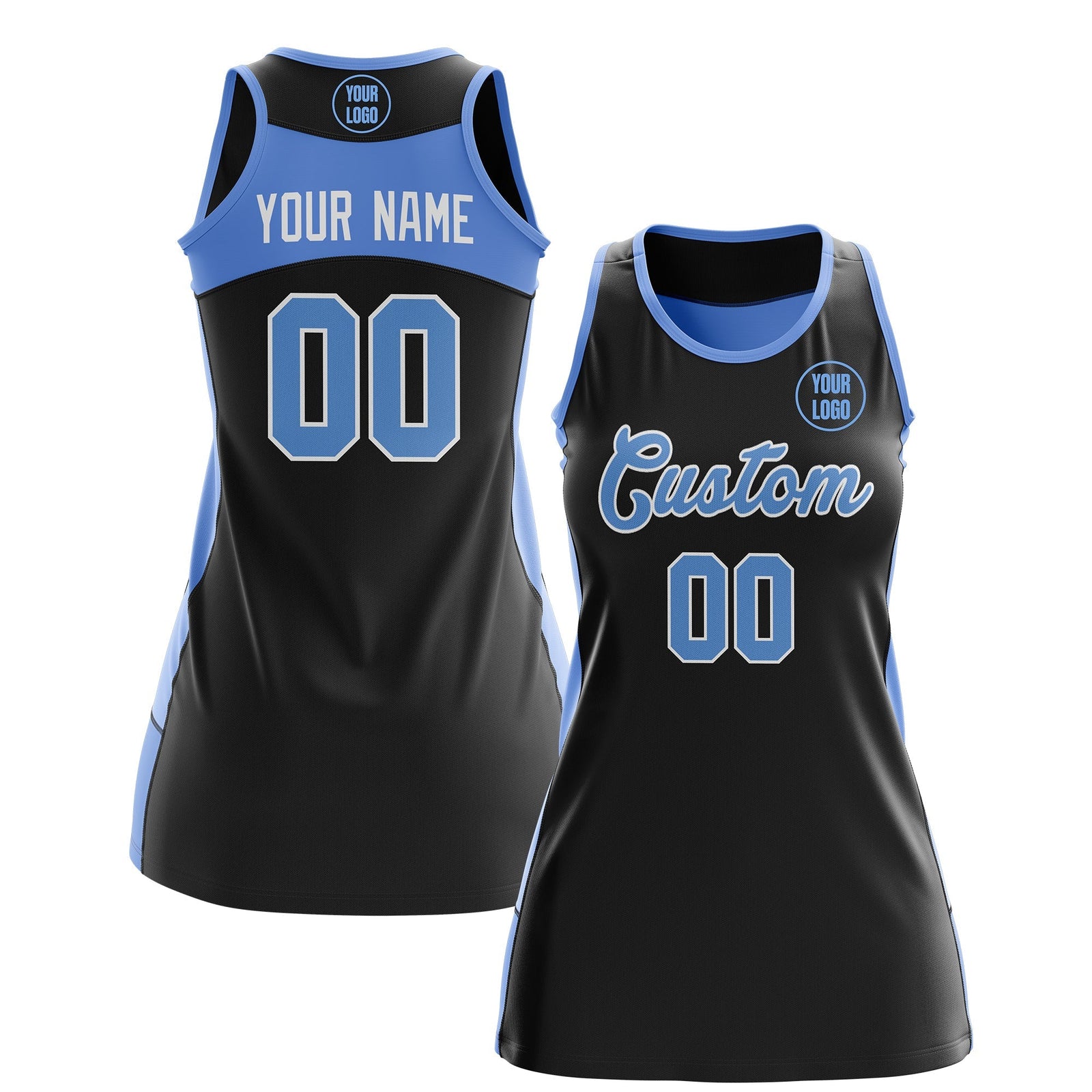 Custom Netball Dress | Black Powder Blue Classic Style Two-Tone Professional Team Uniforms