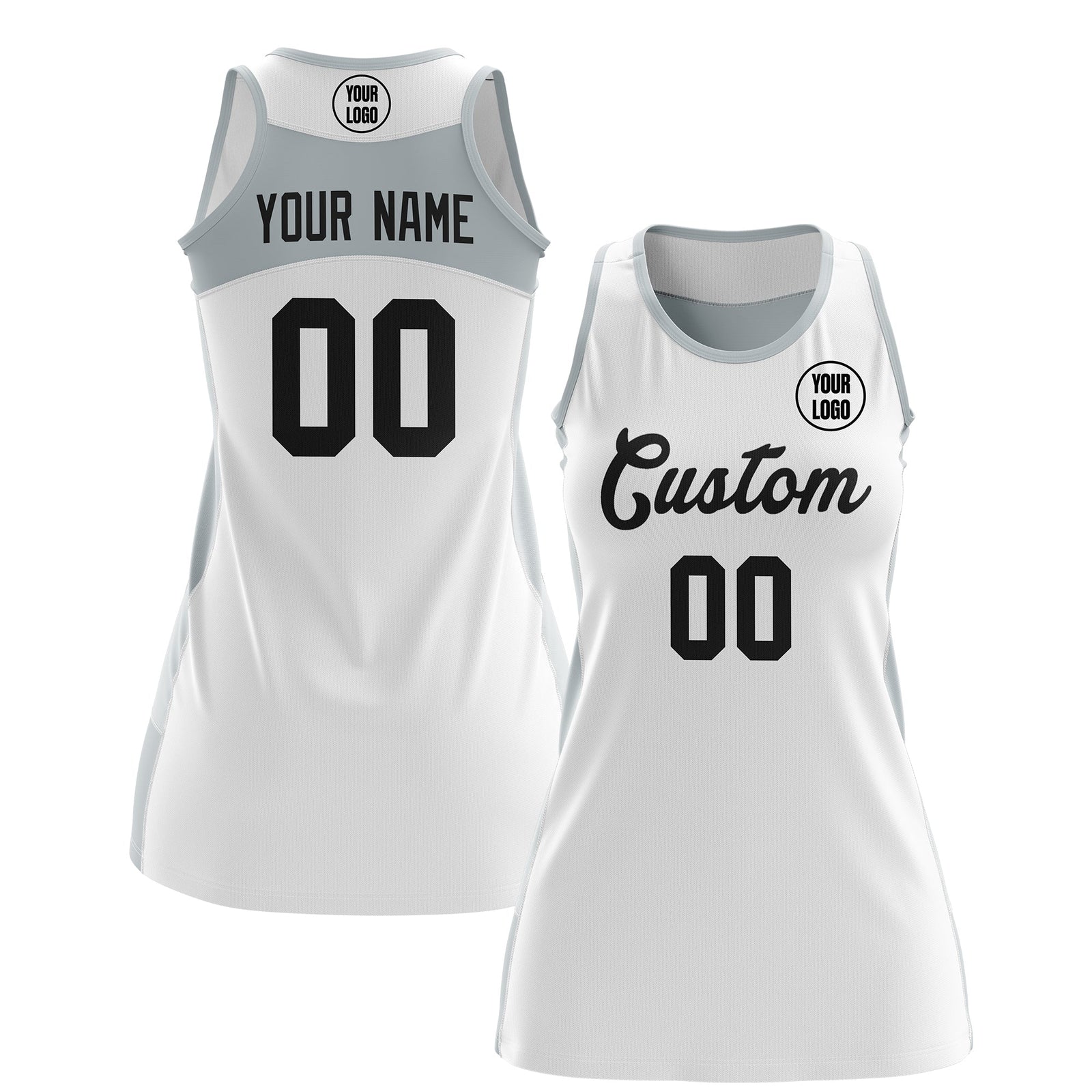Custom Netball Dress | White Silver Classic Style Two-Tone Match Day Uniform