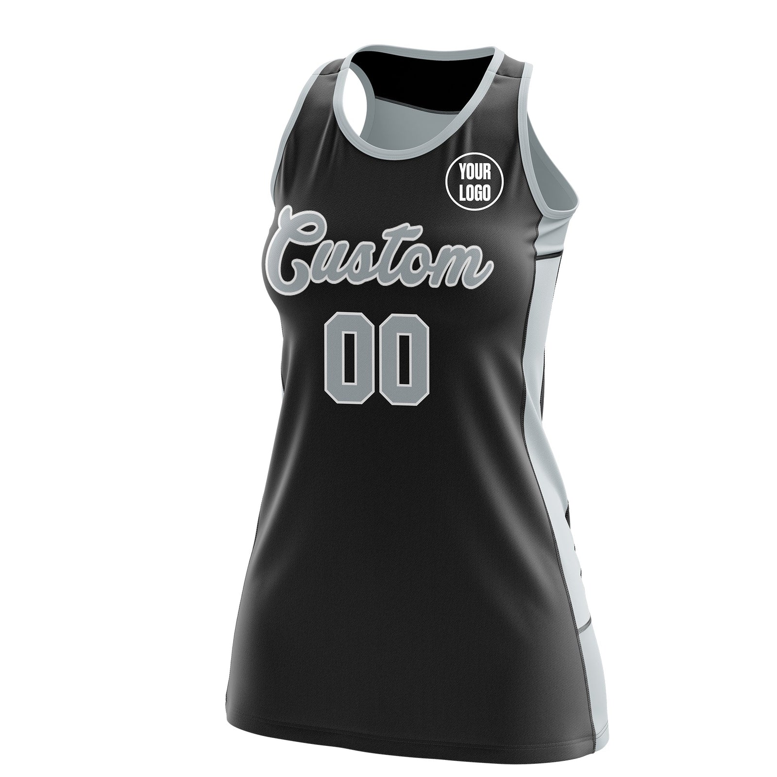 Custom Netball Dress | Black Silver Classic Style Two-Tone Professional Team Uniforms