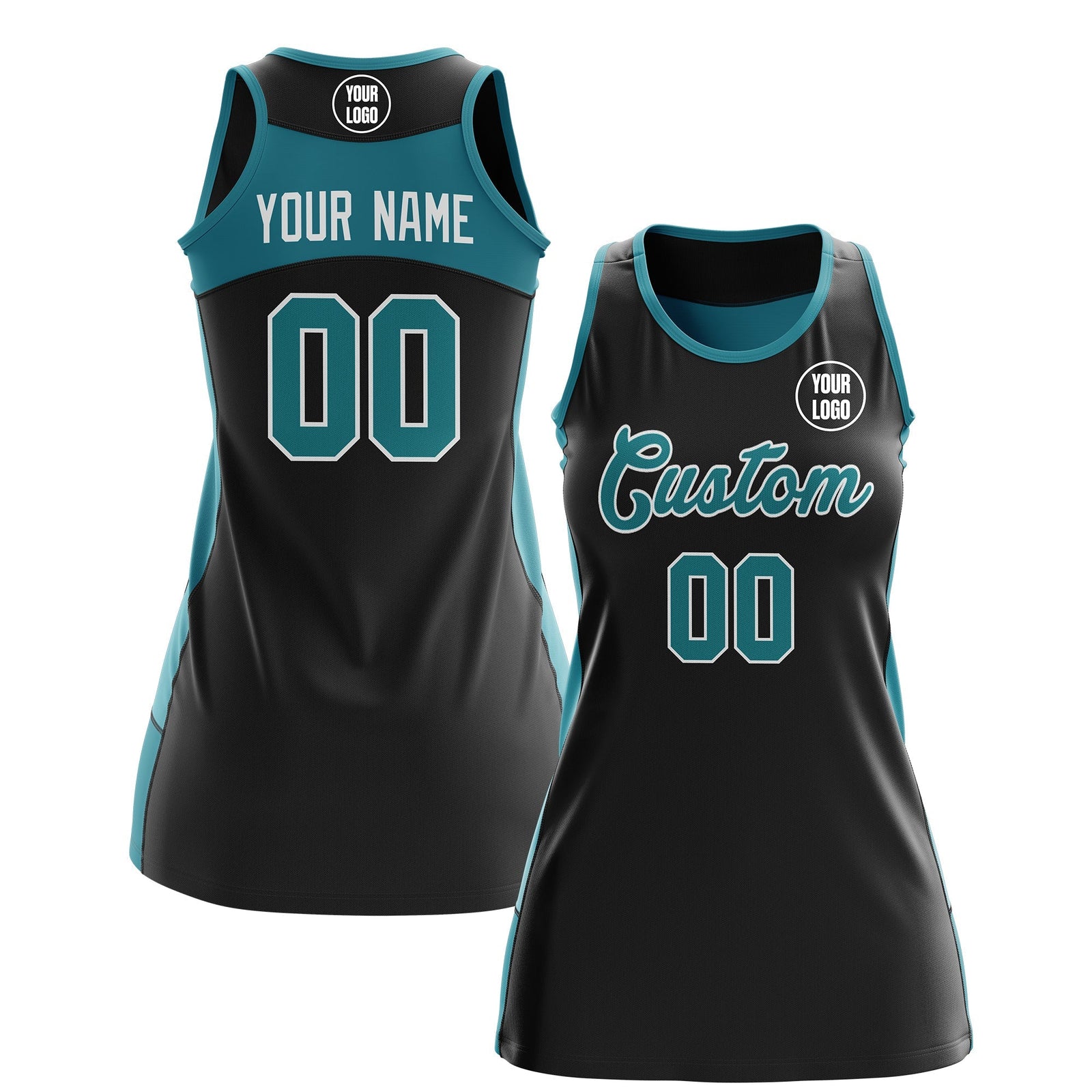 Custom Netball Dress | Black Teal Classic Style Two-Tone Professional Team Uniforms