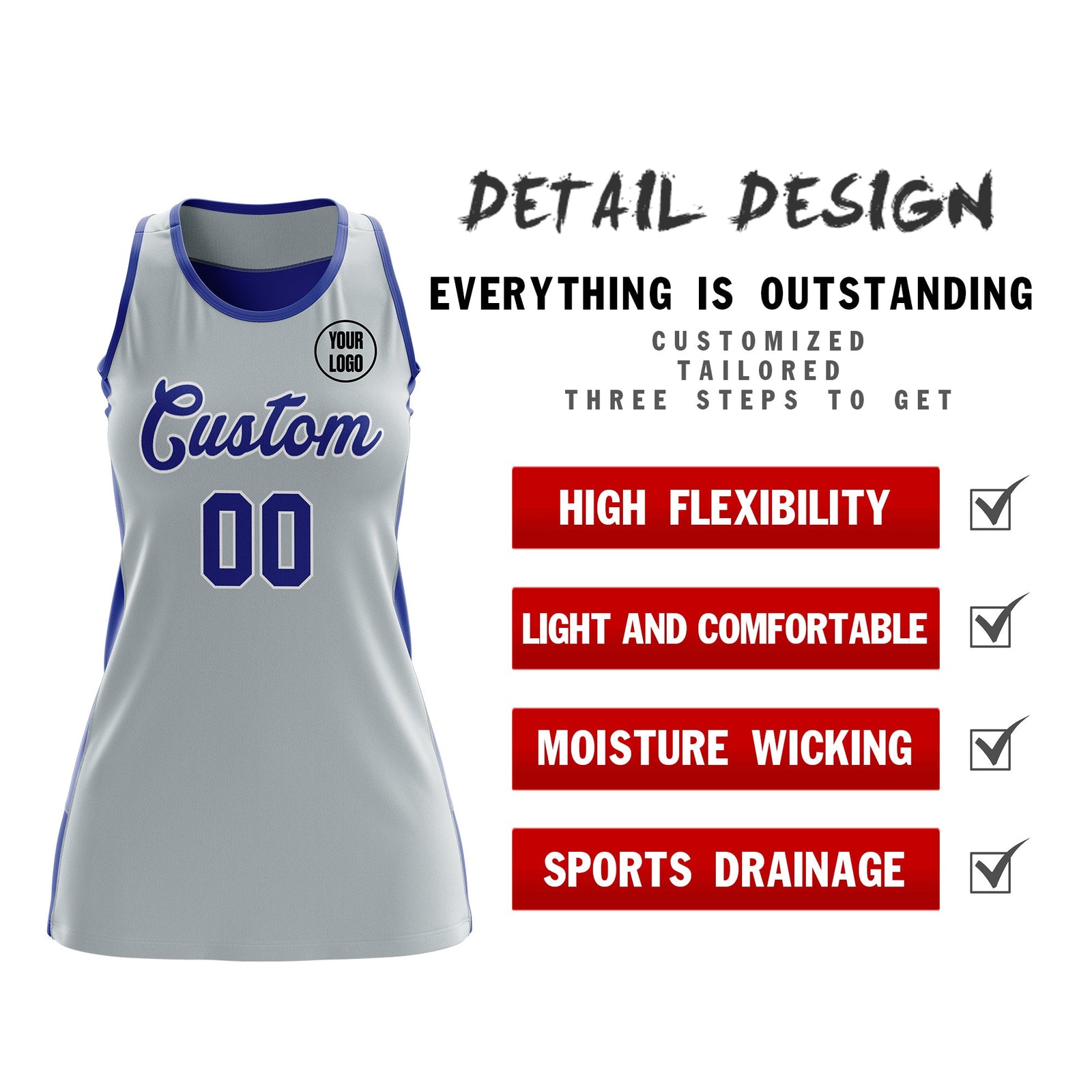 Custom Netball Dress | Silver Royal Blue Classic Style Two-Tone Breathable Performance Sportswear