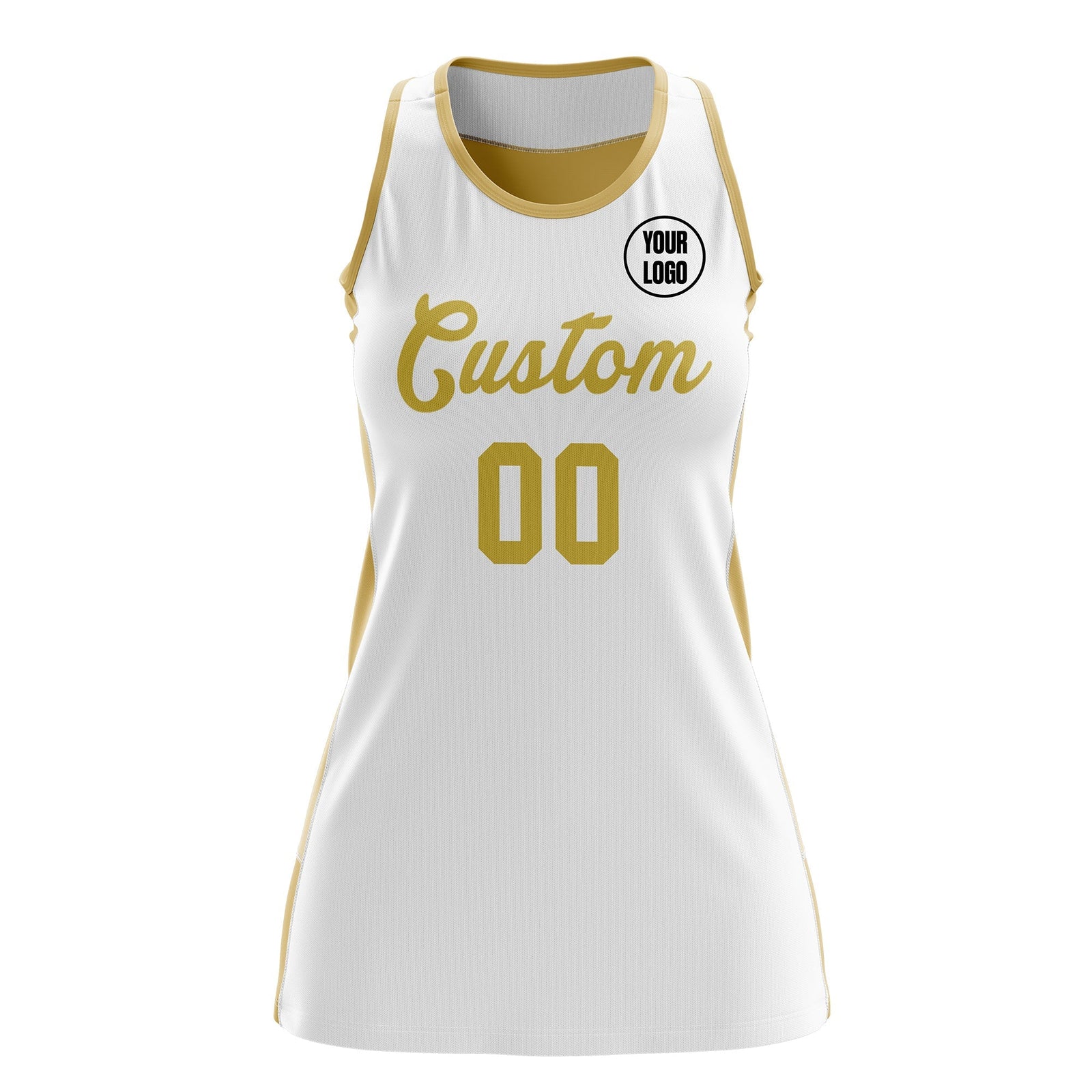 Custom Netball Dress | White Old Gold Classic Style Two-Tone Breathable Performance Sportswear