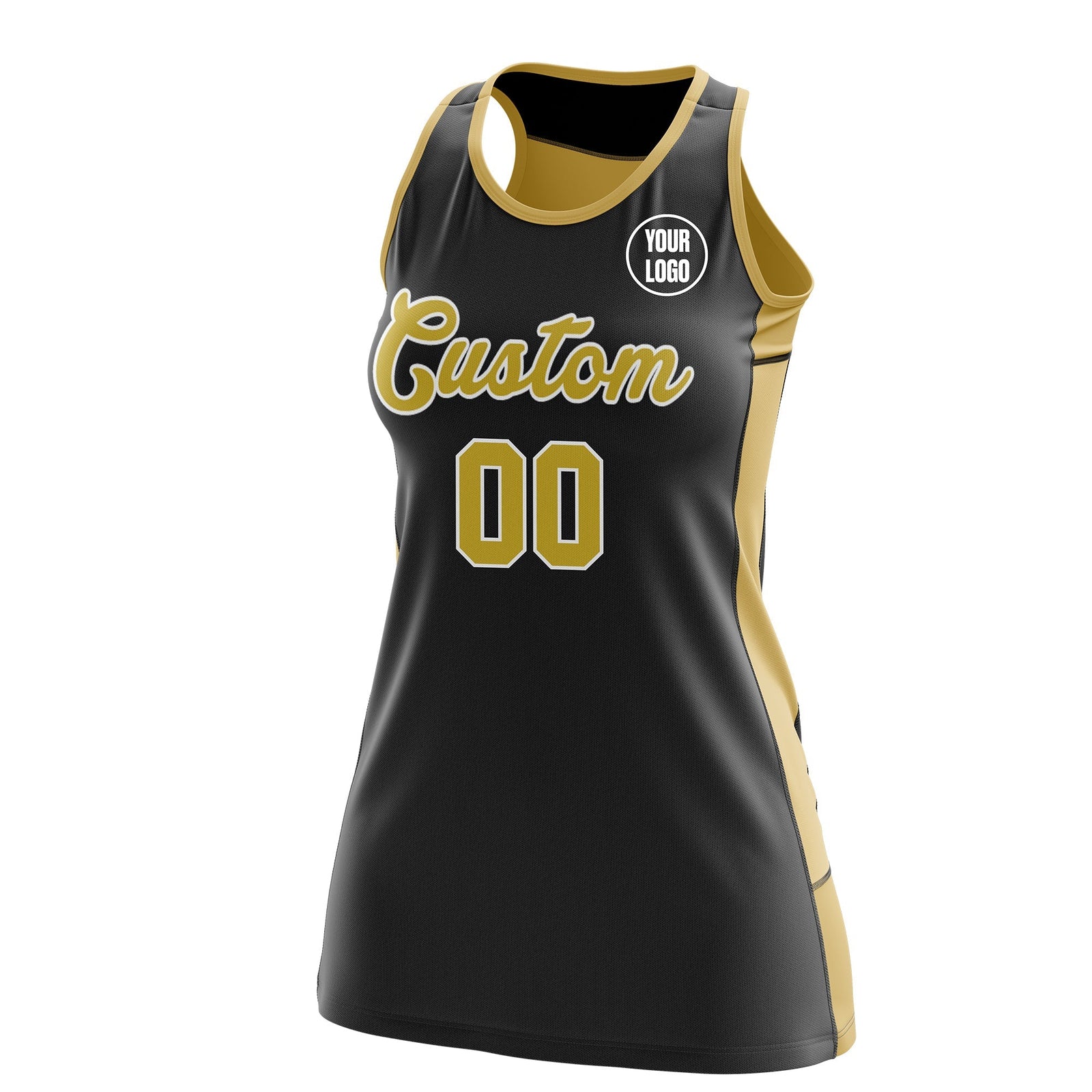Custom Netball Dress | Black Old Gold Classic Style Two-Tone Professional Team Uniforms
