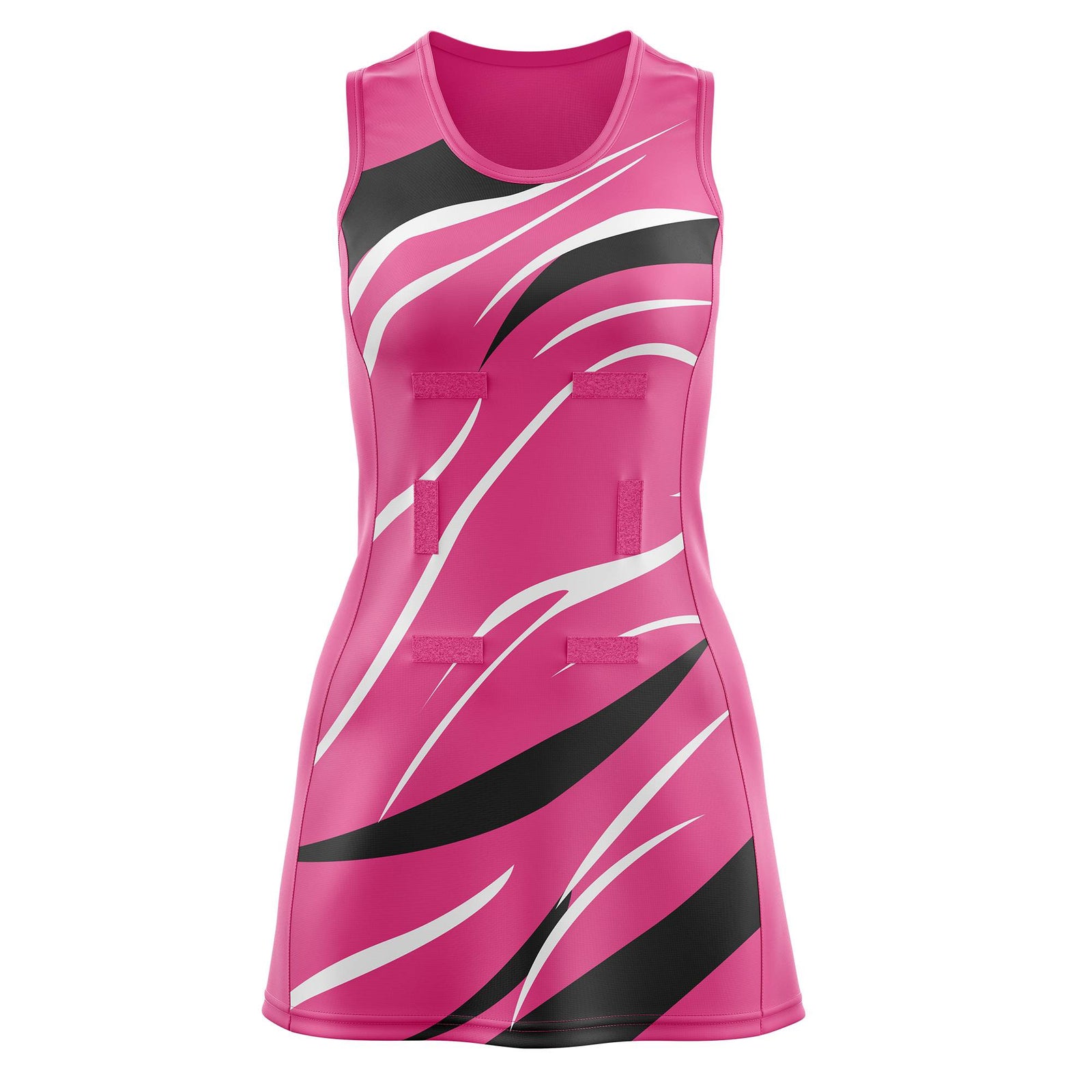 Custom Pink Black Dynamic Stripes Lightweight & Drapable Netball Dress
