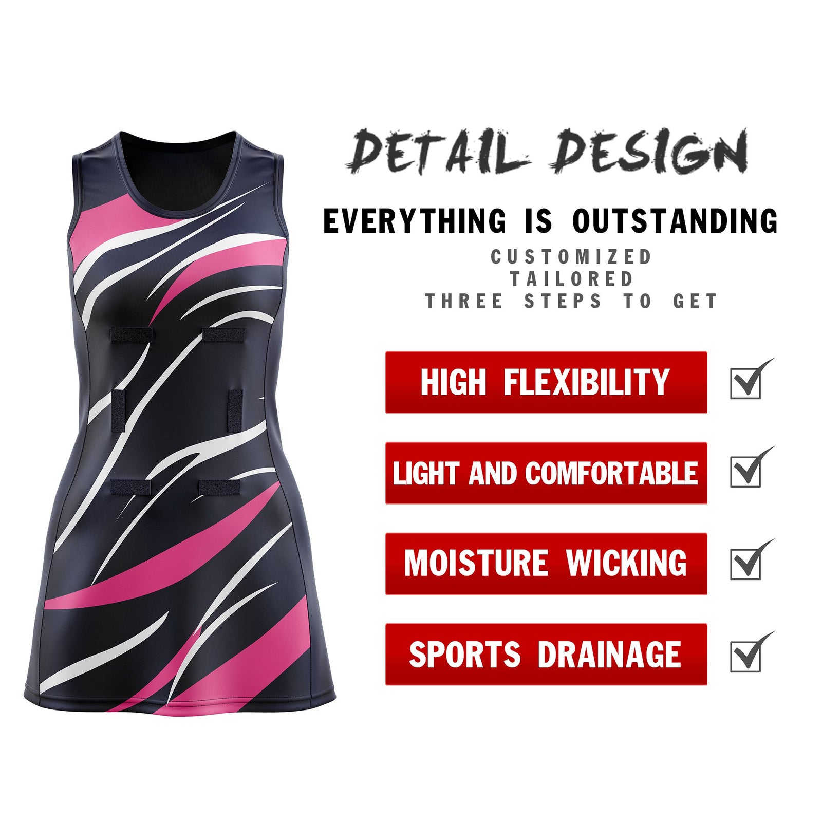 Custom Navy Pink Dynamic Stripes Lightweight & Drapable Netball Dress