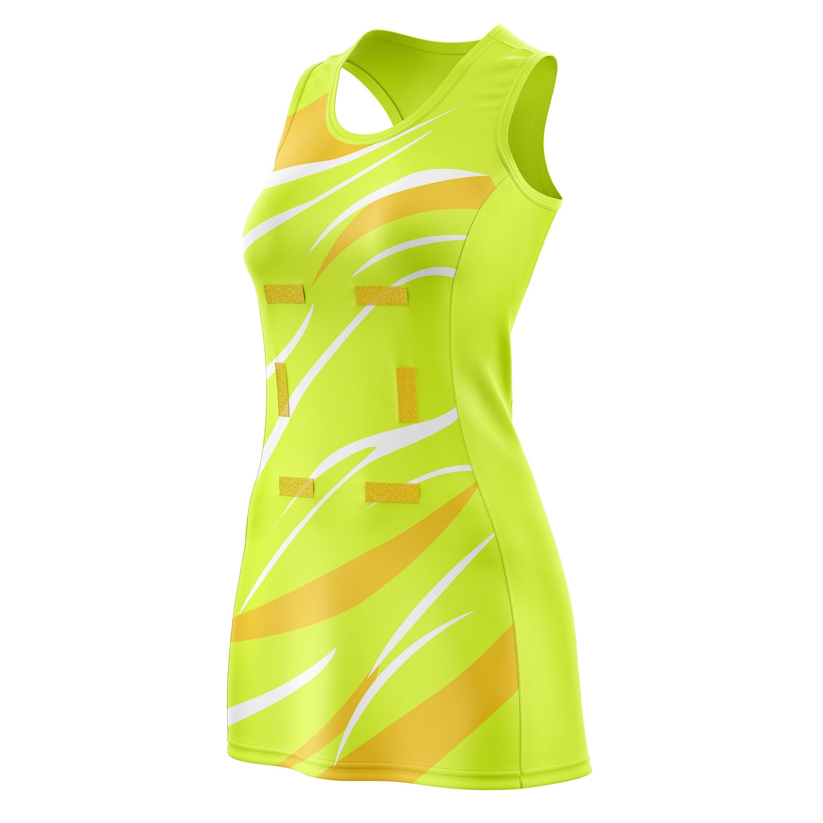 Custom Fluorescent Green Gold Dynamic Stripes Moisture-Wicking Netball Dress