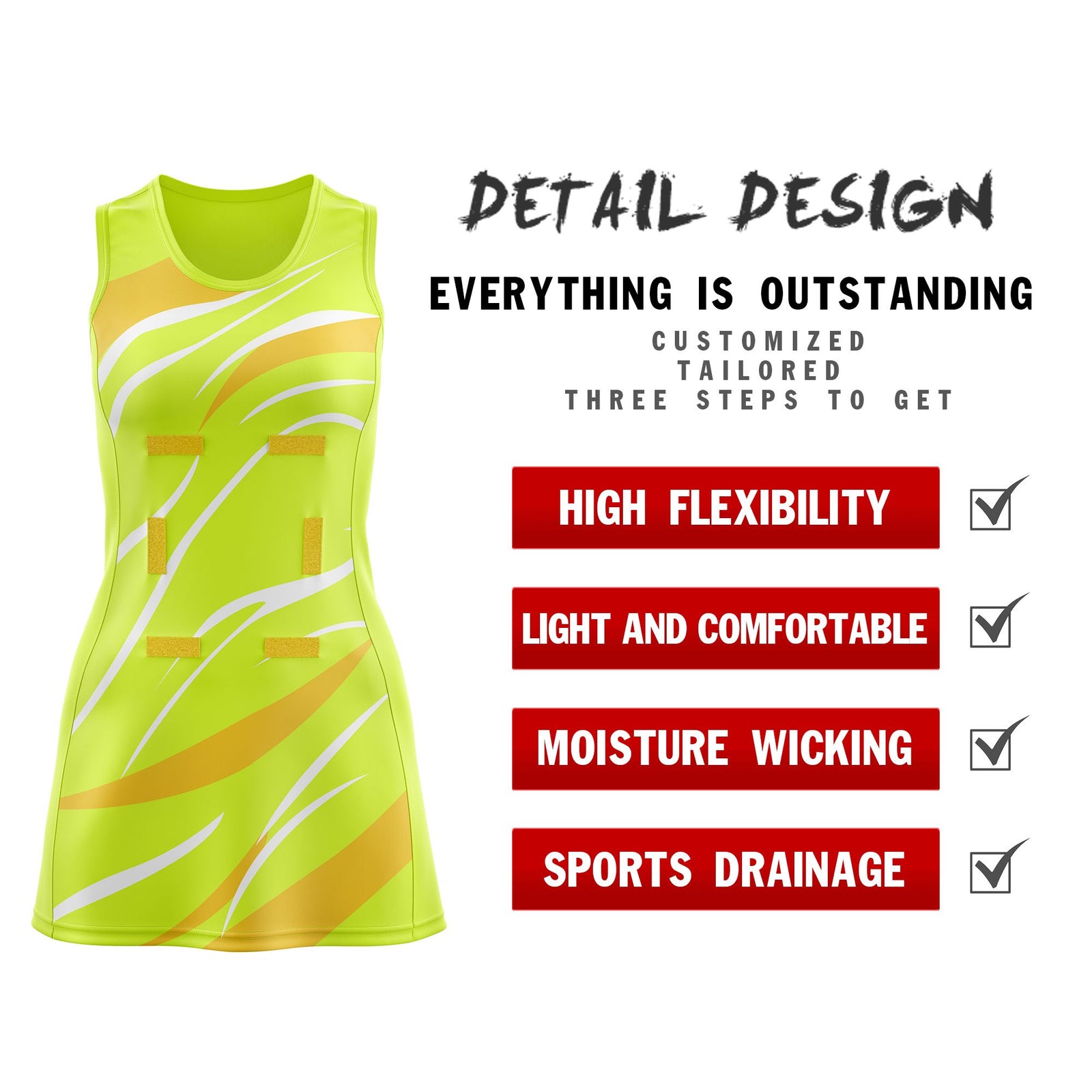 Custom Fluorescent Green Gold Dynamic Stripes Moisture-Wicking Netball Dress