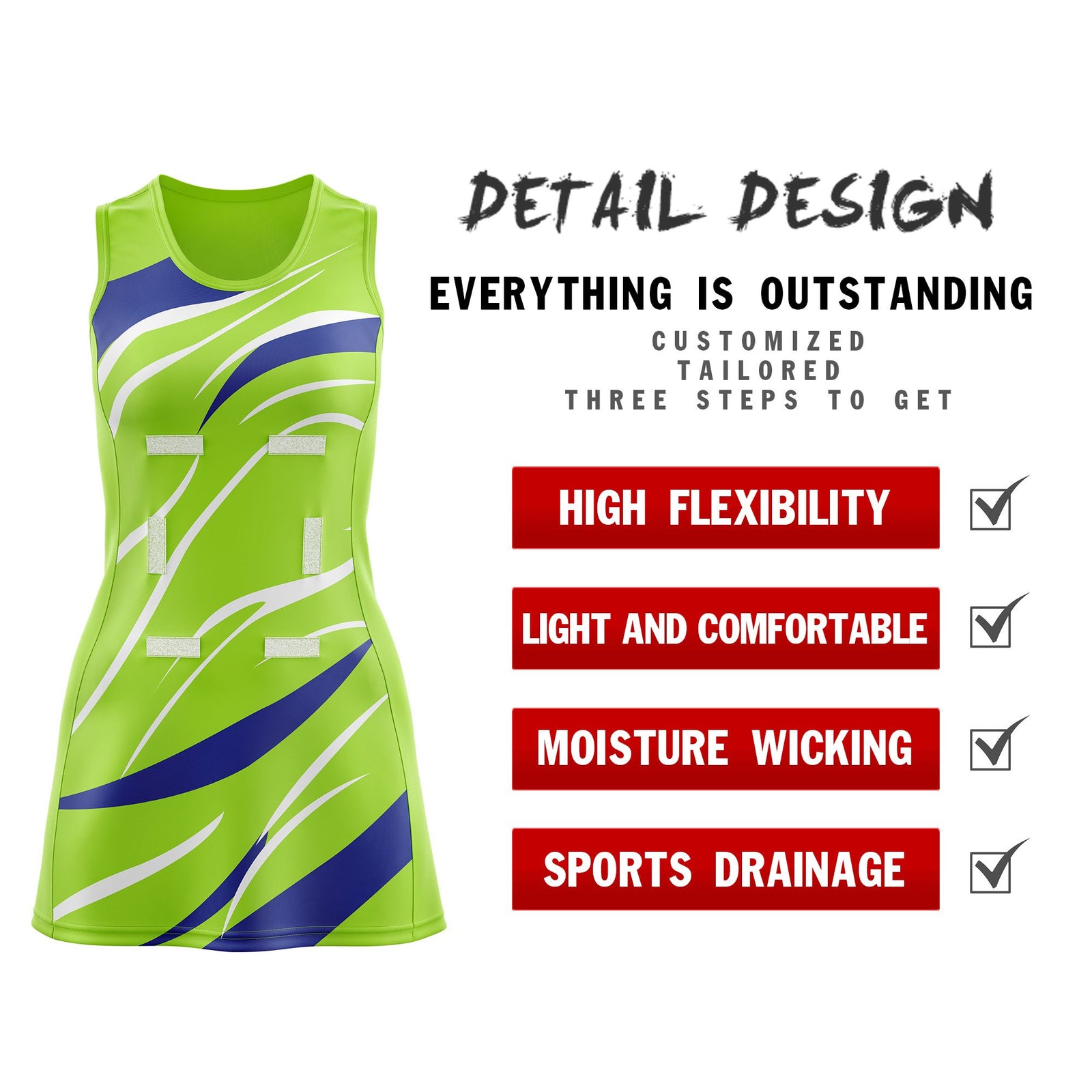 Custom Neon Green Royal Blue Dynamic Stripes Breathable & Quick-Drying Netball Dress