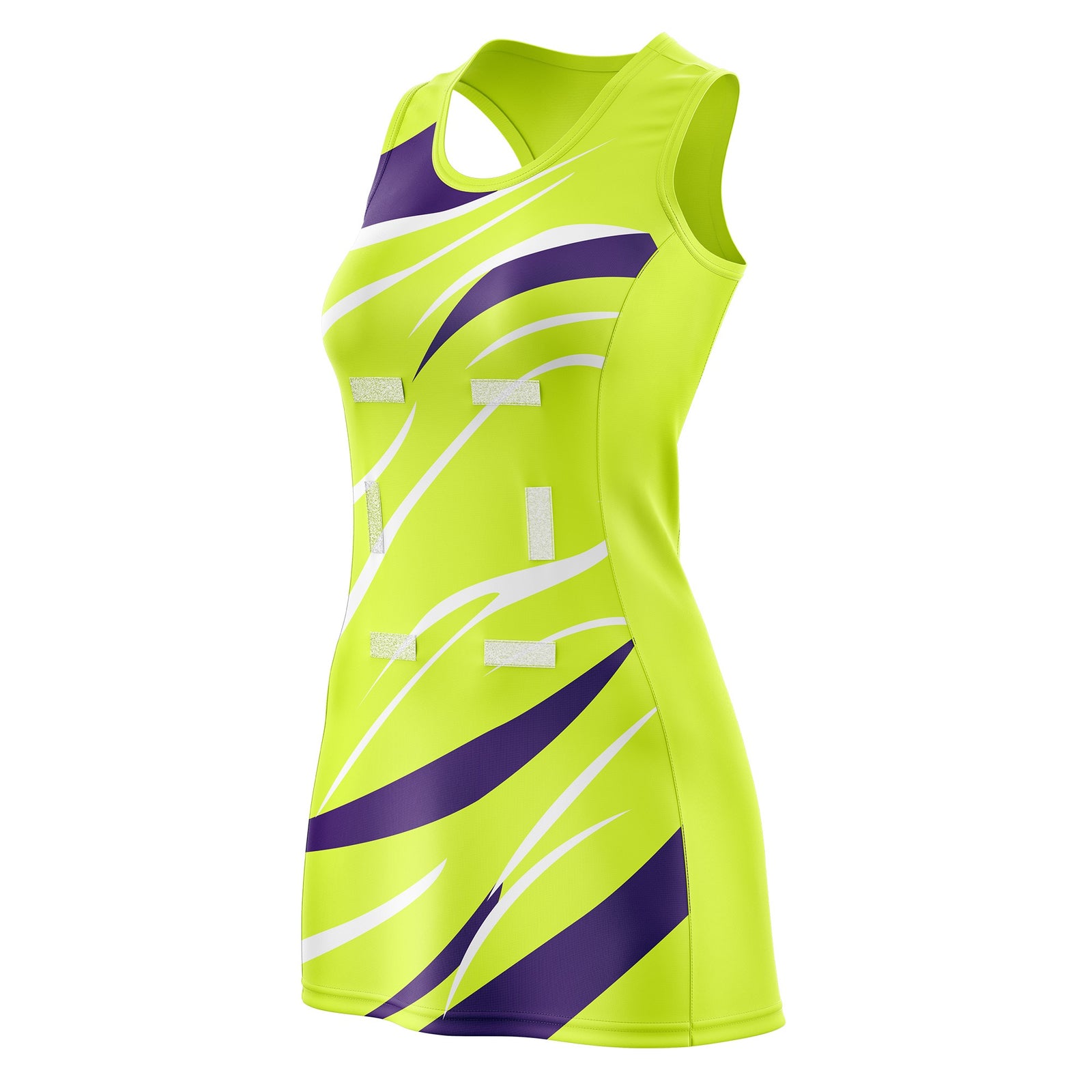 Custom Fluorescent Green Purple Dynamic Stripes Breathable & Quick-Drying Netball Dress