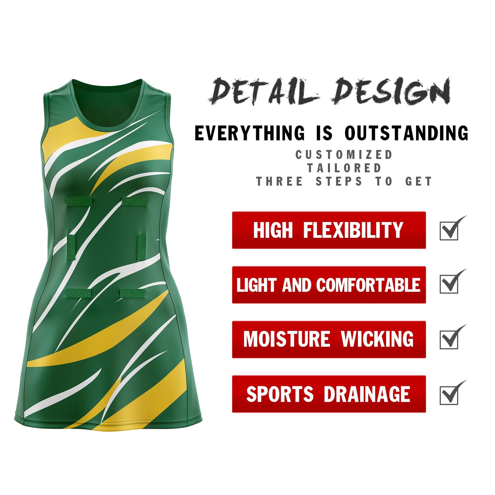 Custom Kelly Green Gold Dynamic Stripes Moisture-Wicking Netball Dress
