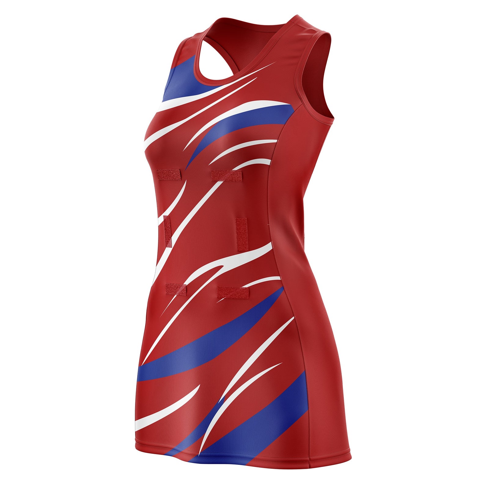 Custom Red Royal Blue Dynamic Stripes Lightweight & Drapable Netball Dress