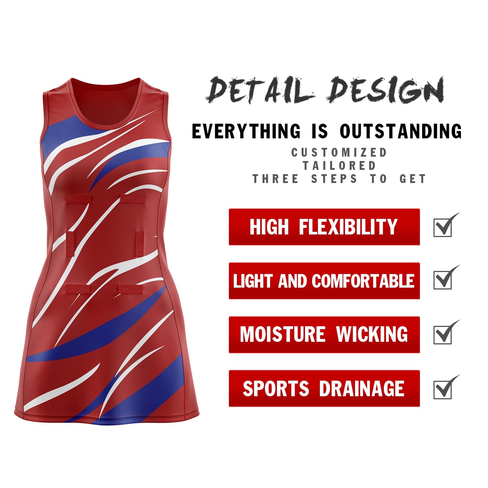 Custom Red Royal Blue Dynamic Stripes Lightweight & Drapable Netball Dress