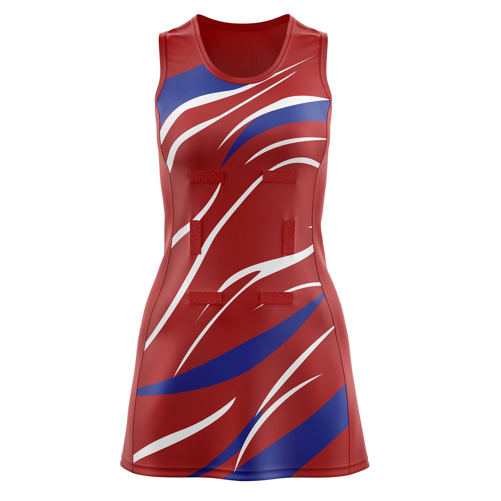 Custom Red Royal Blue Dynamic Stripes Lightweight & Drapable Netball Dress