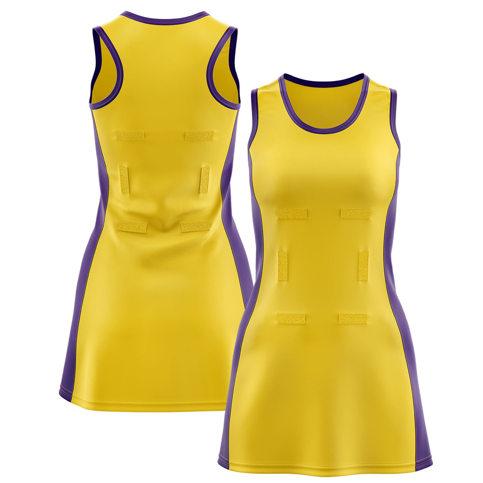 Custom Gold Purple Color Block Two Tone Netball Dresses