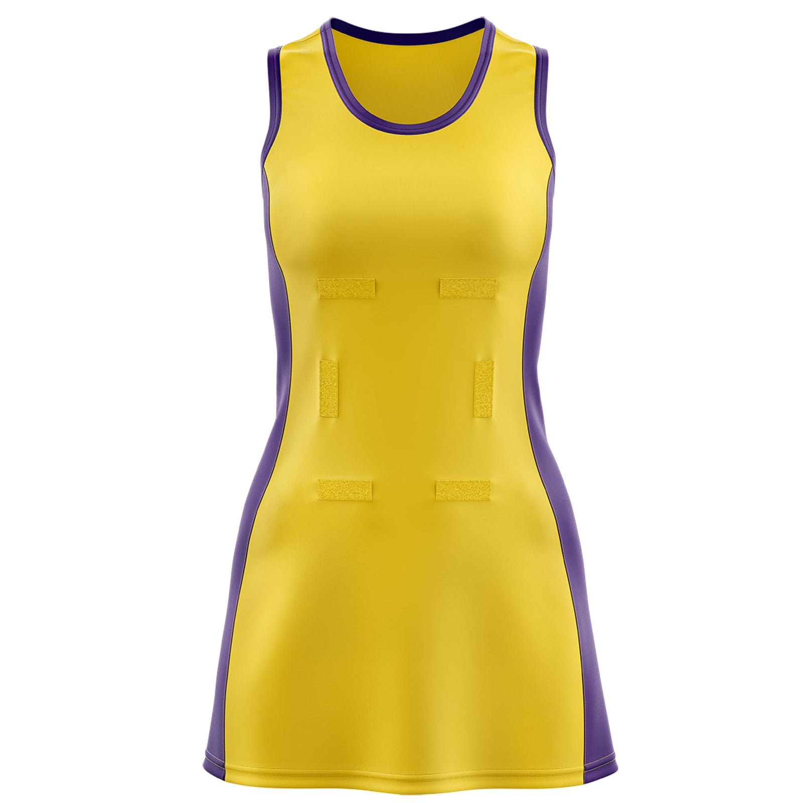 Custom Gold Purple Color Block Two Tone Netball Dresses