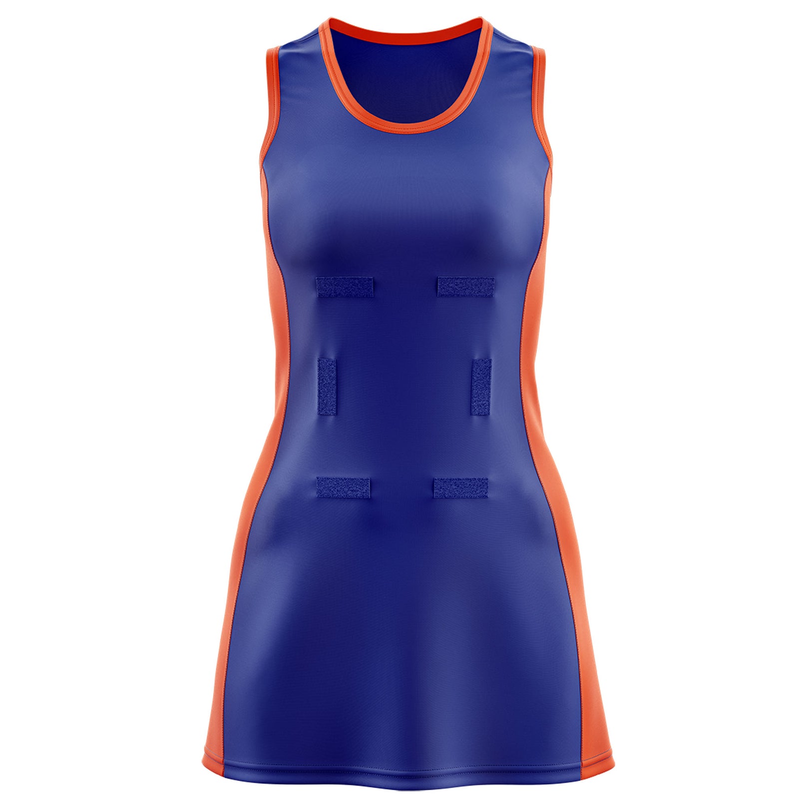 Custom Royal Blue Orange Color Block Two Tone Netball Dresses