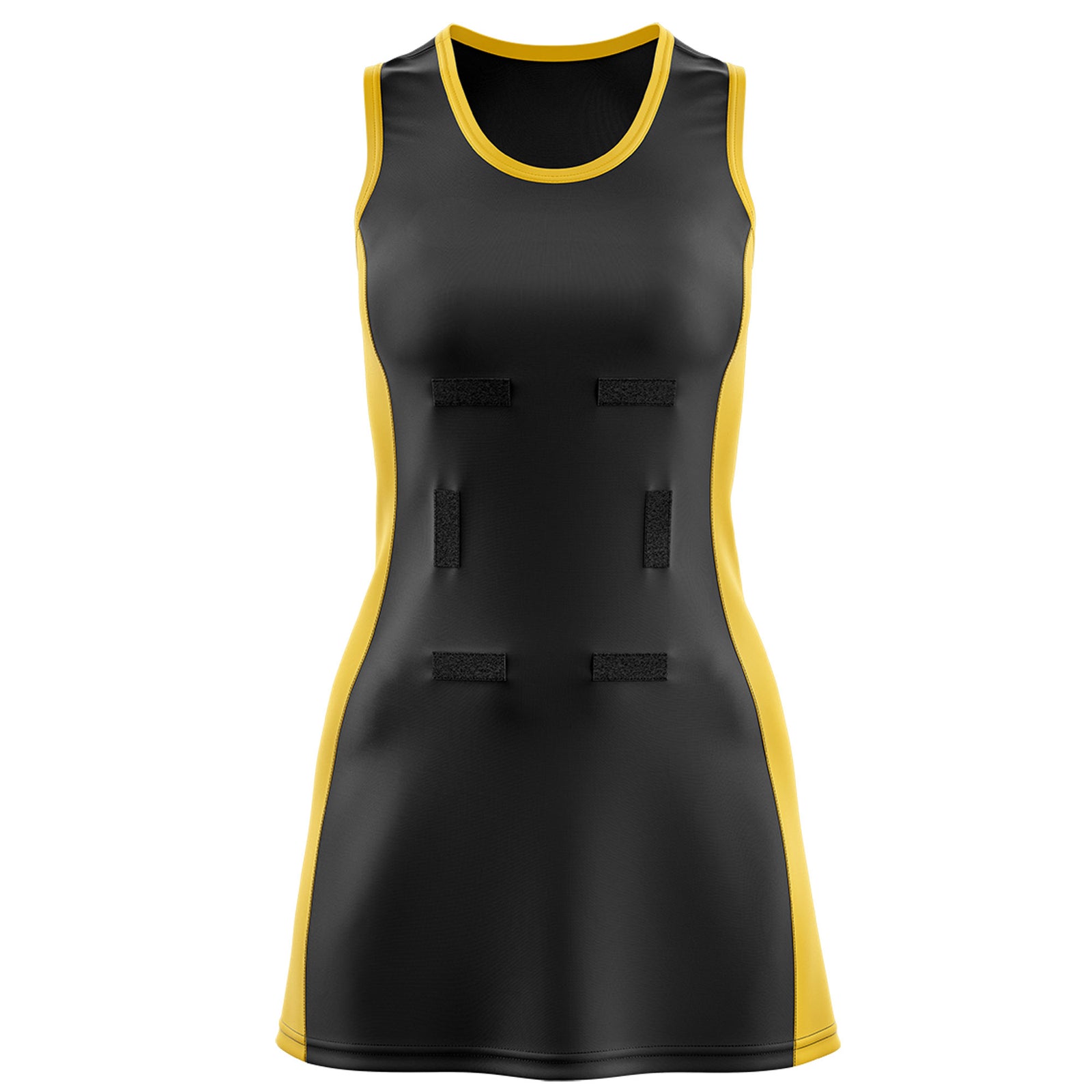 Custom Black Gold Color Block Two Tone Netball Dresses