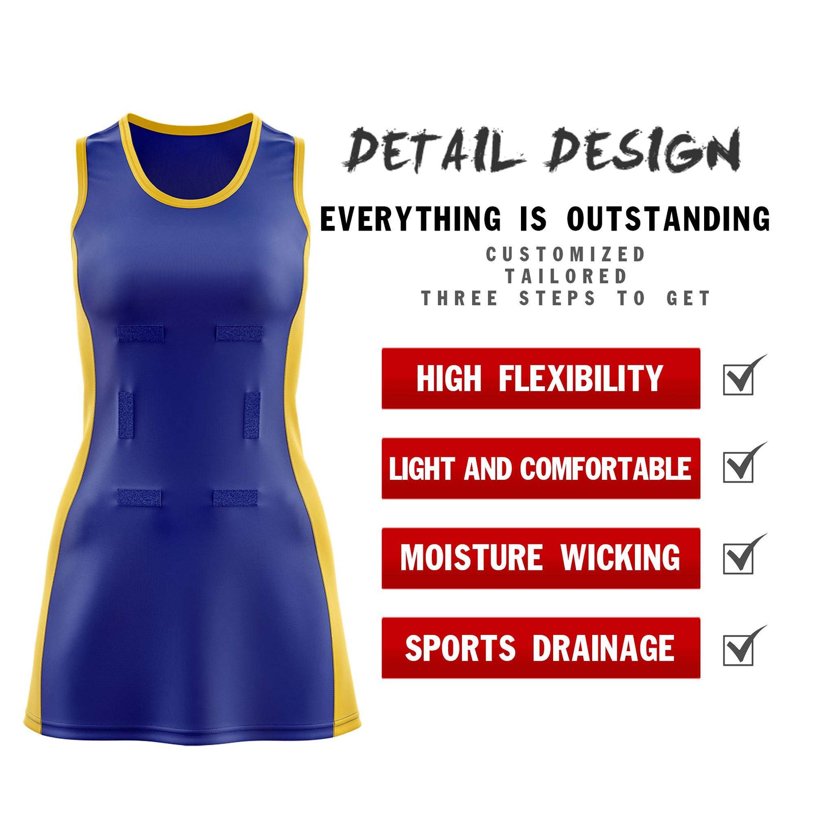 Custom Royal Blue Gold Color Block Two Tone Netball Dresses