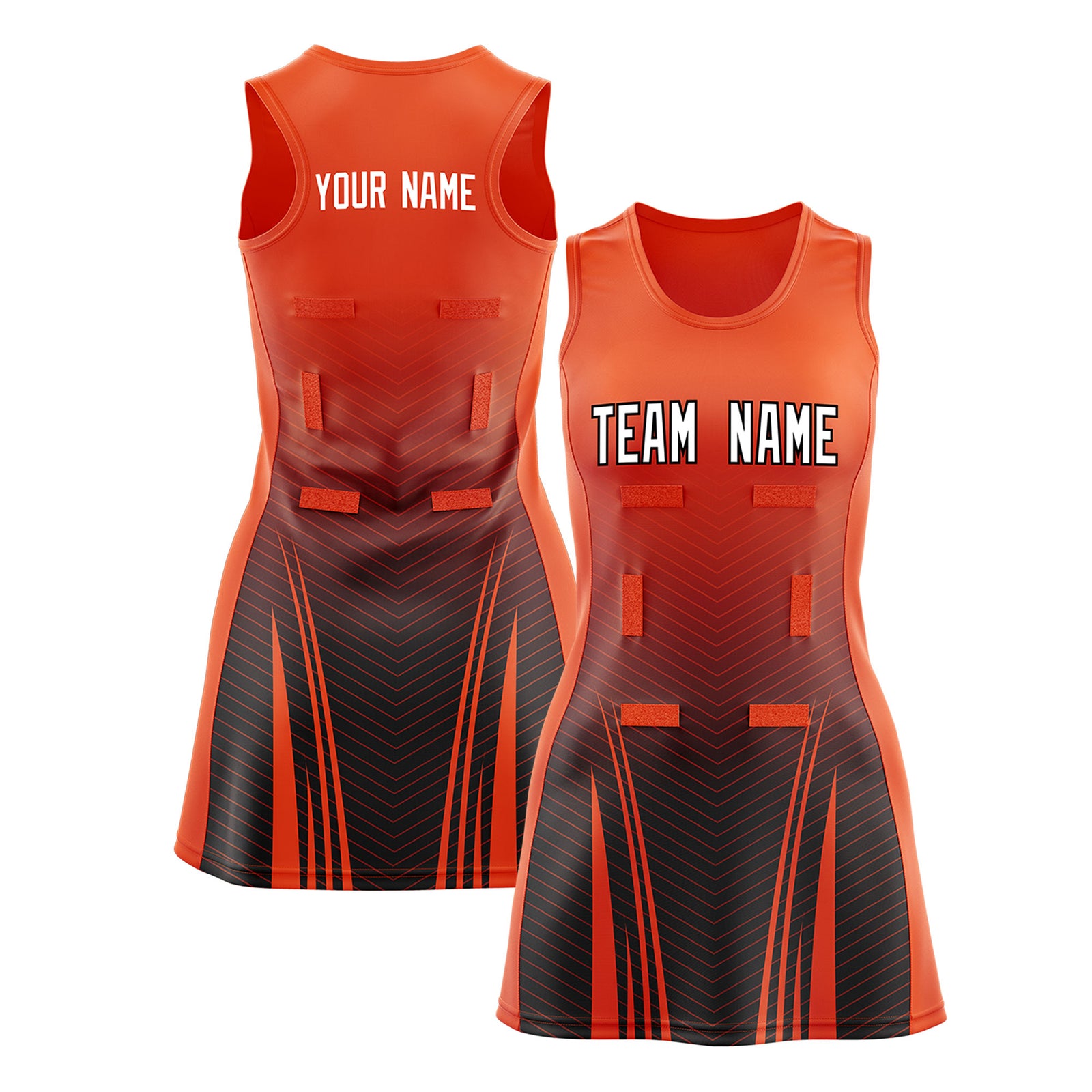 Custom Orange Black Netball Dresses With Diagonal Lines And Jagged Texture Patterns