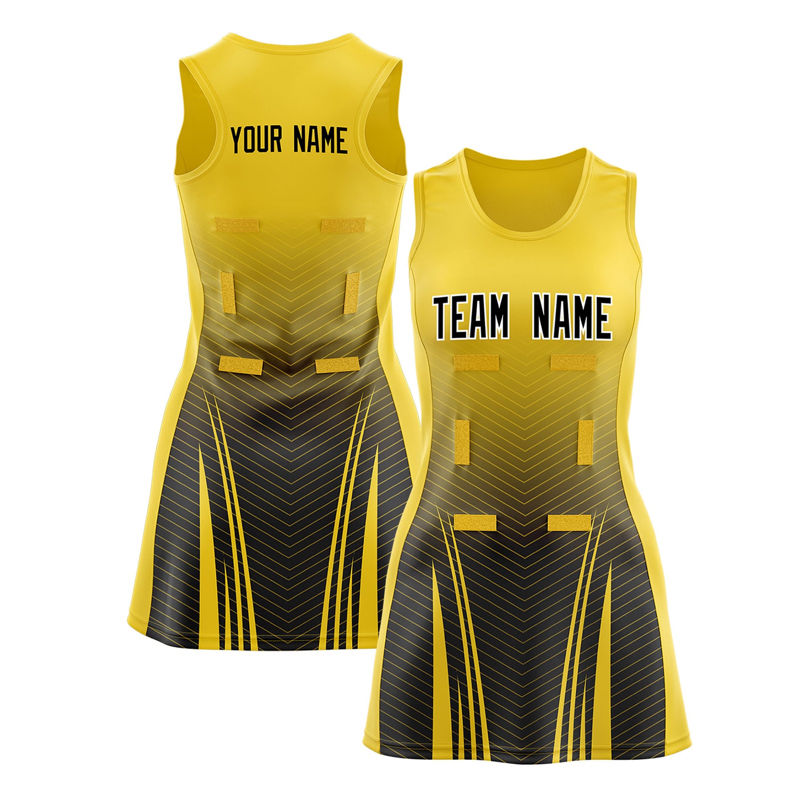 Custom Gold Black Netball Dresses With Diagonal Lines And Jagged Texture Patterns