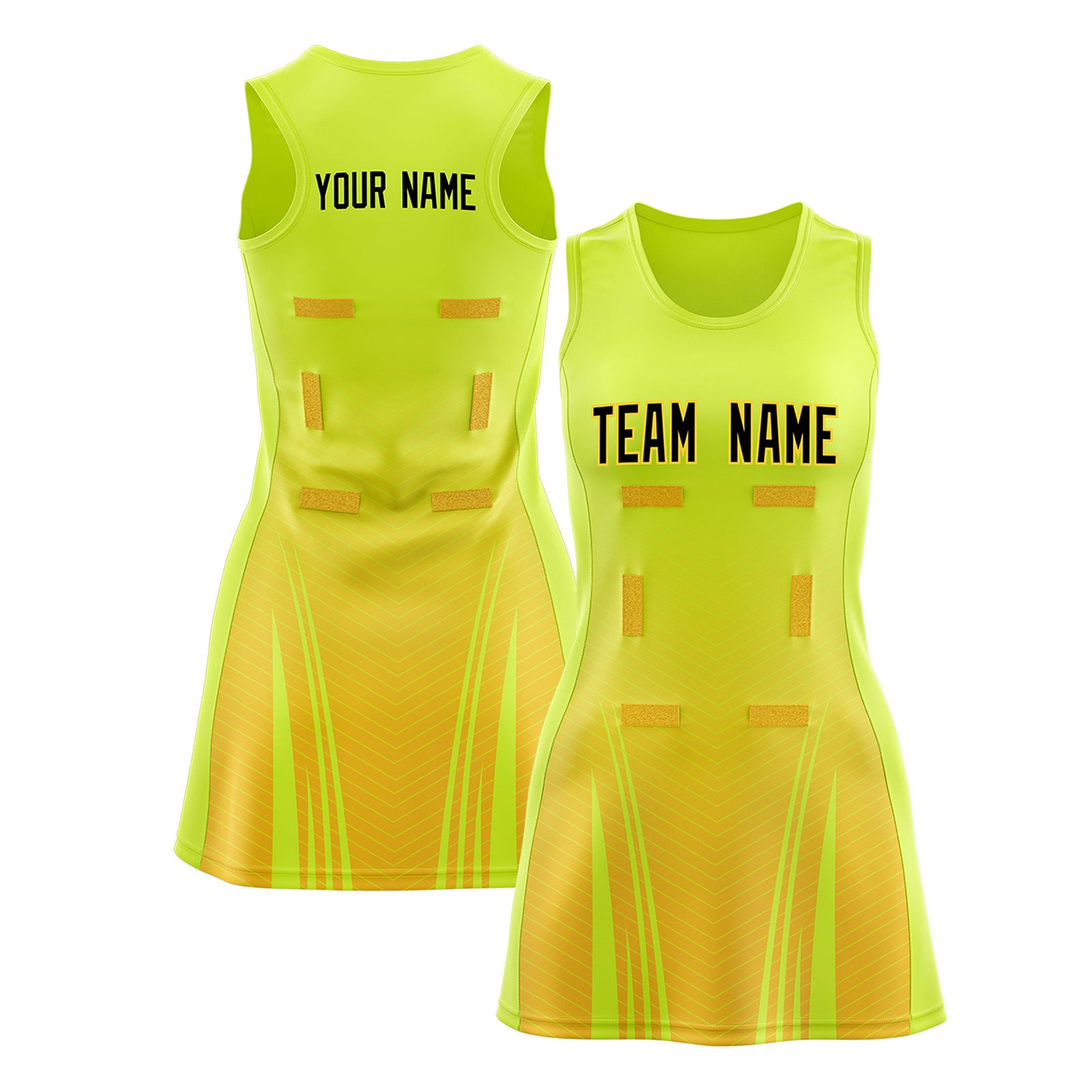 Custom Fluorescent Green Gold Netball Dresses With Diagonal Lines And Jagged Texture Patterns